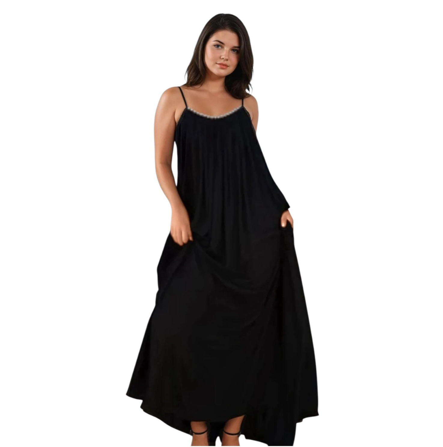Bali Queen Silver Beaded Black Maxi Dress One Size OS Casual Comfort Resortwear