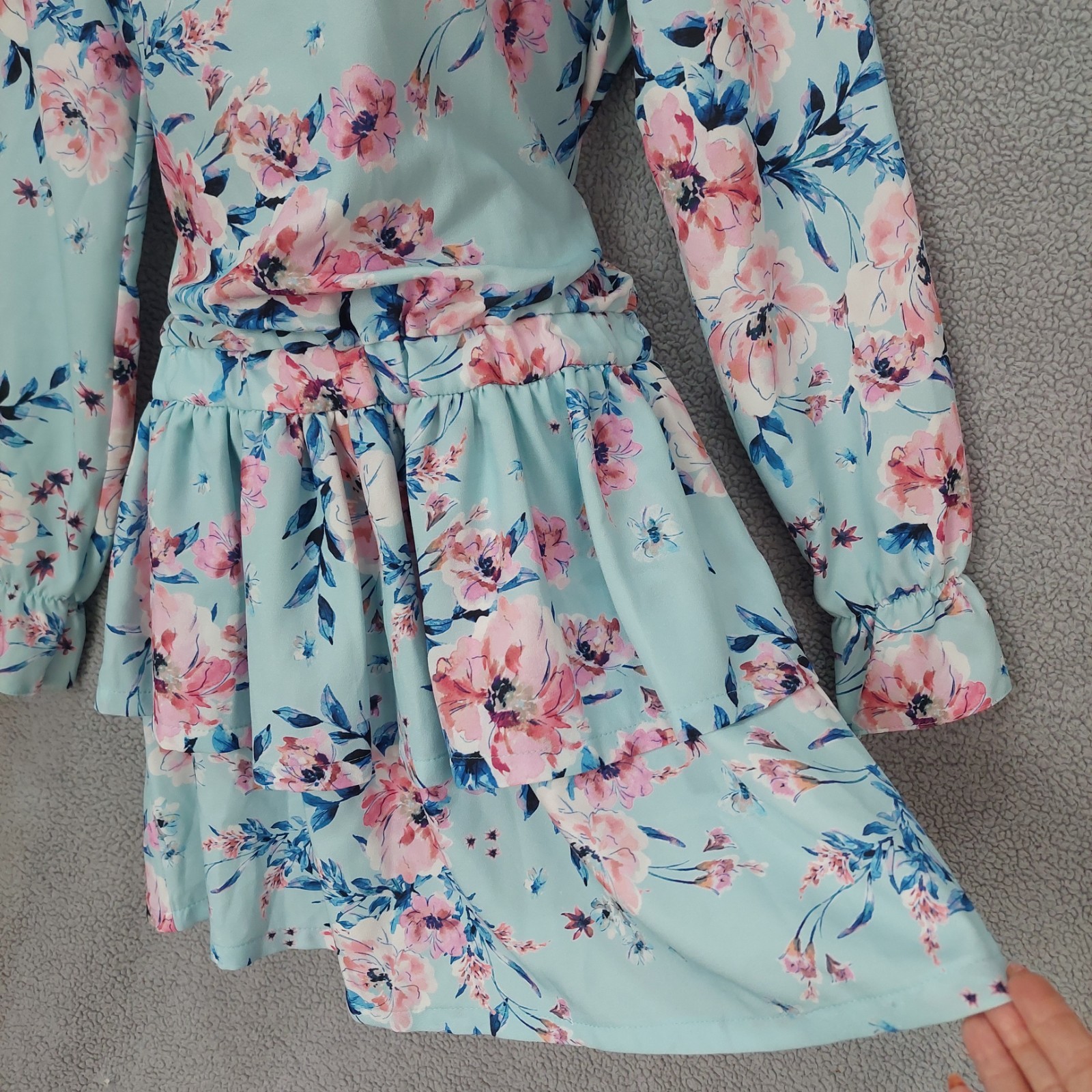 Ladies UK 10 Pale Blue Pink Floral Tiered Peplum Mini Dress Summer Boho light