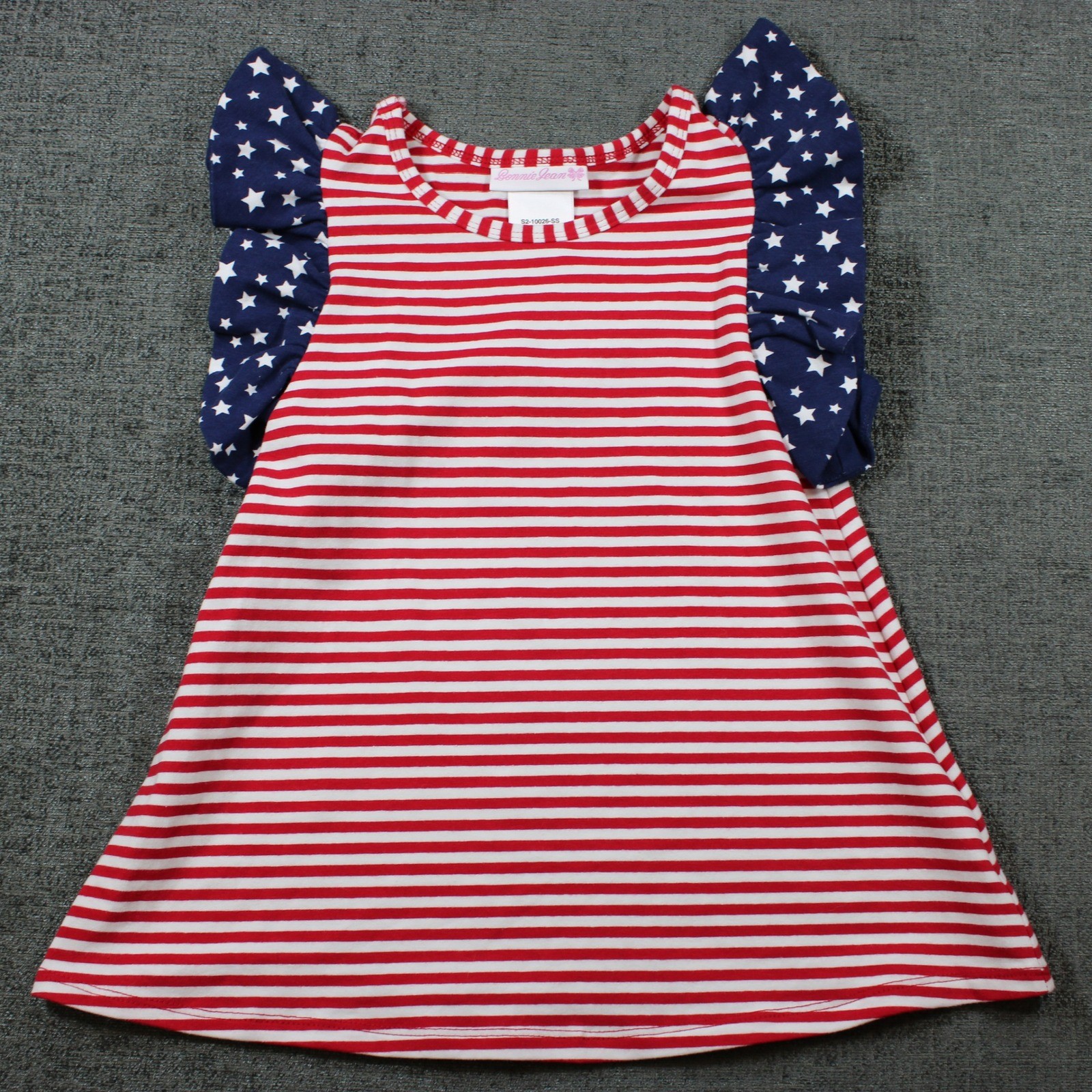Bonnie Jean Americana Stars and Stripes Ruffle Sleeve Dress Red White Blue 3T