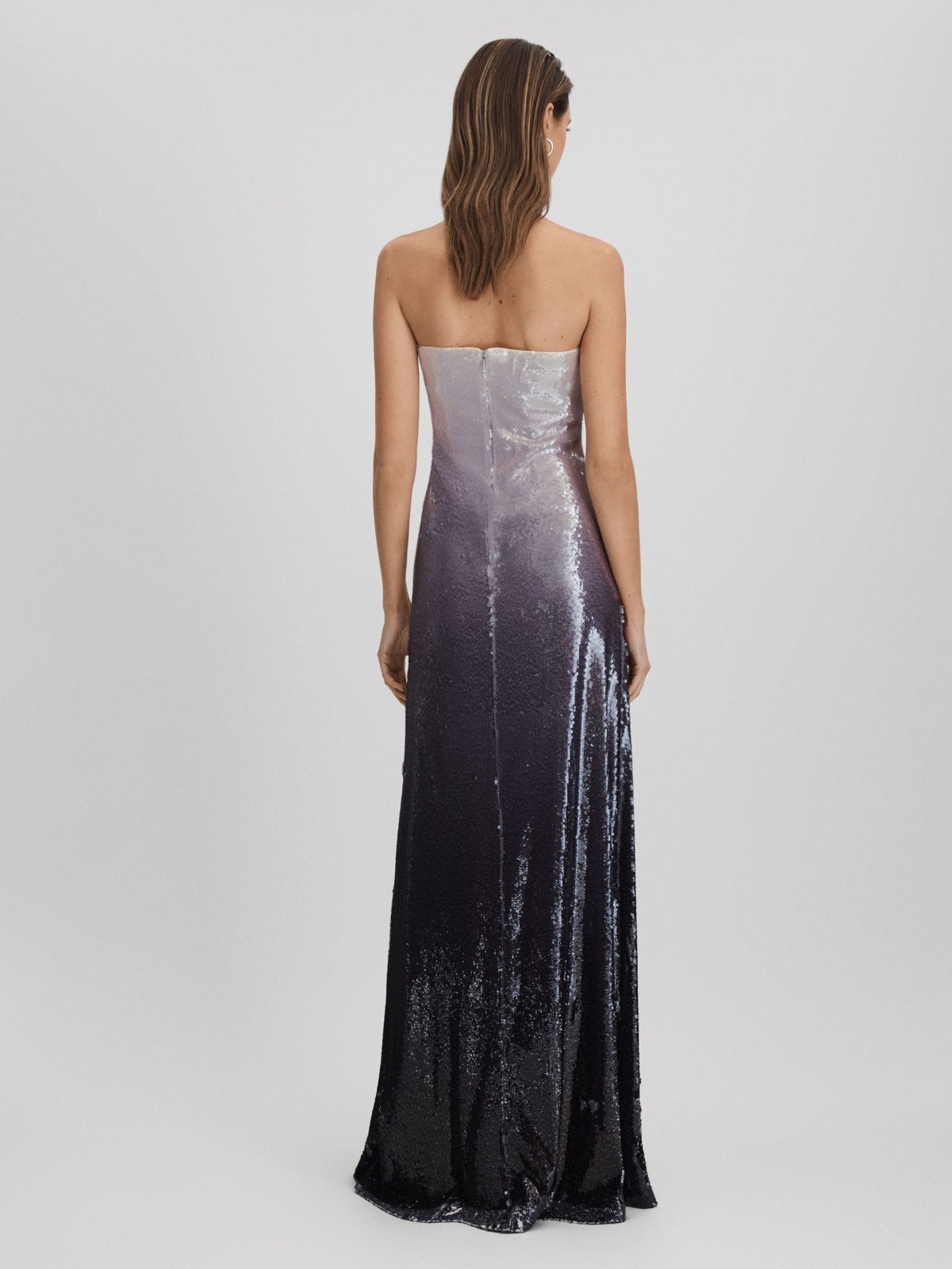 REISS Spencer Halston Sequin Strapless Maxi Dress in Grey Multi in UK Size 6
