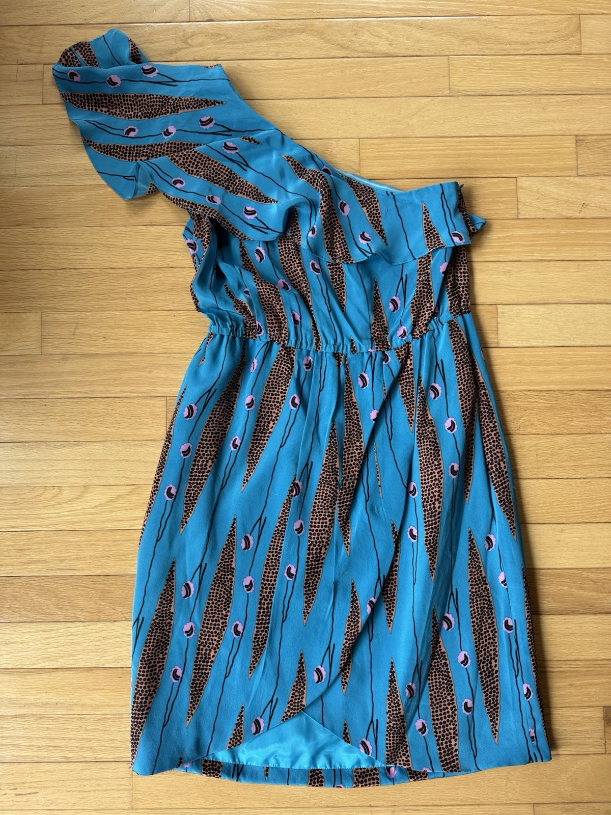 Frock by Tracy Reese Blue Animal Print One Shoulder Ruffle Silk Dress Size 8