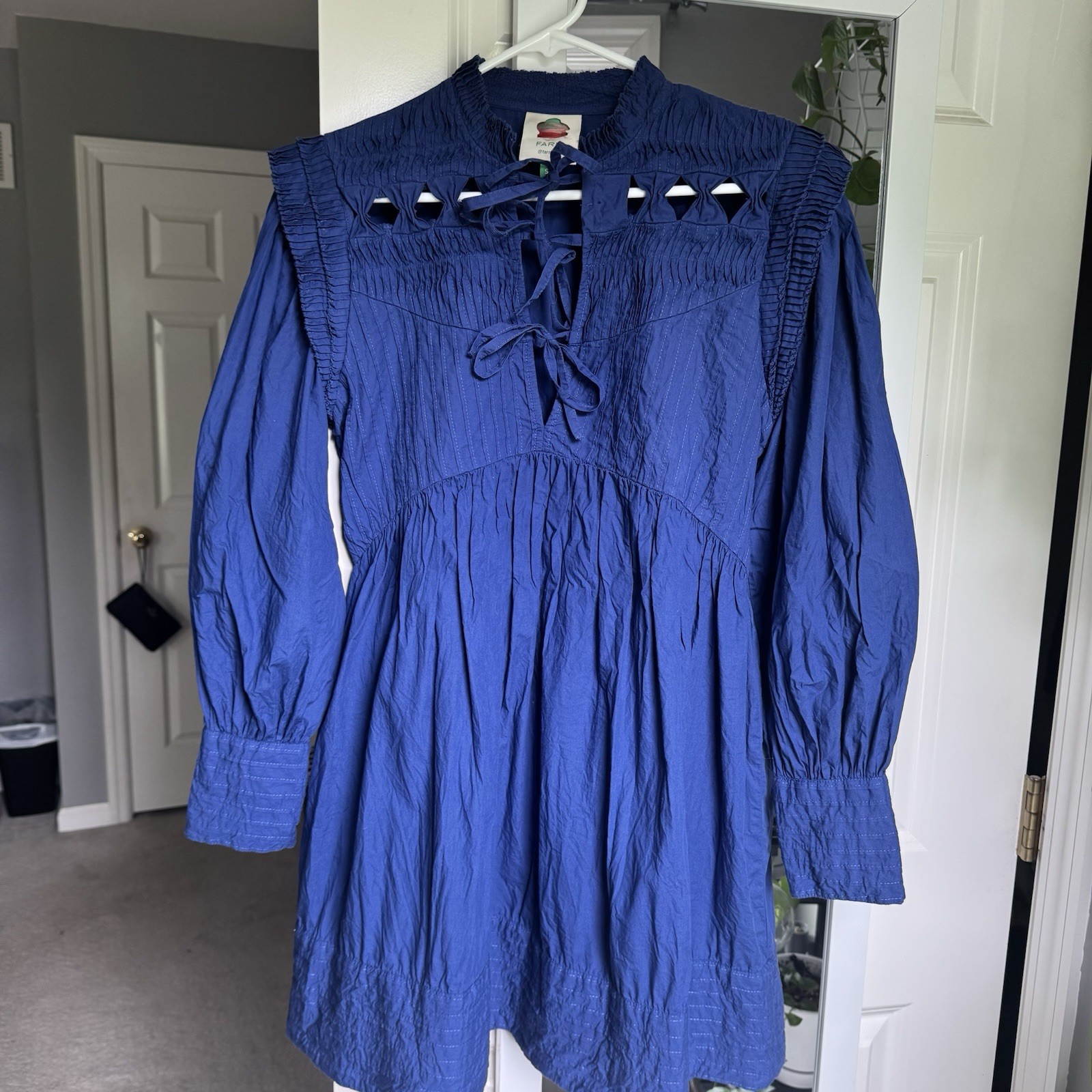 Farm Rio Royal Blue Open Yoke Pintuck Cotton Poplin Mini Dress Boho Cottagecore