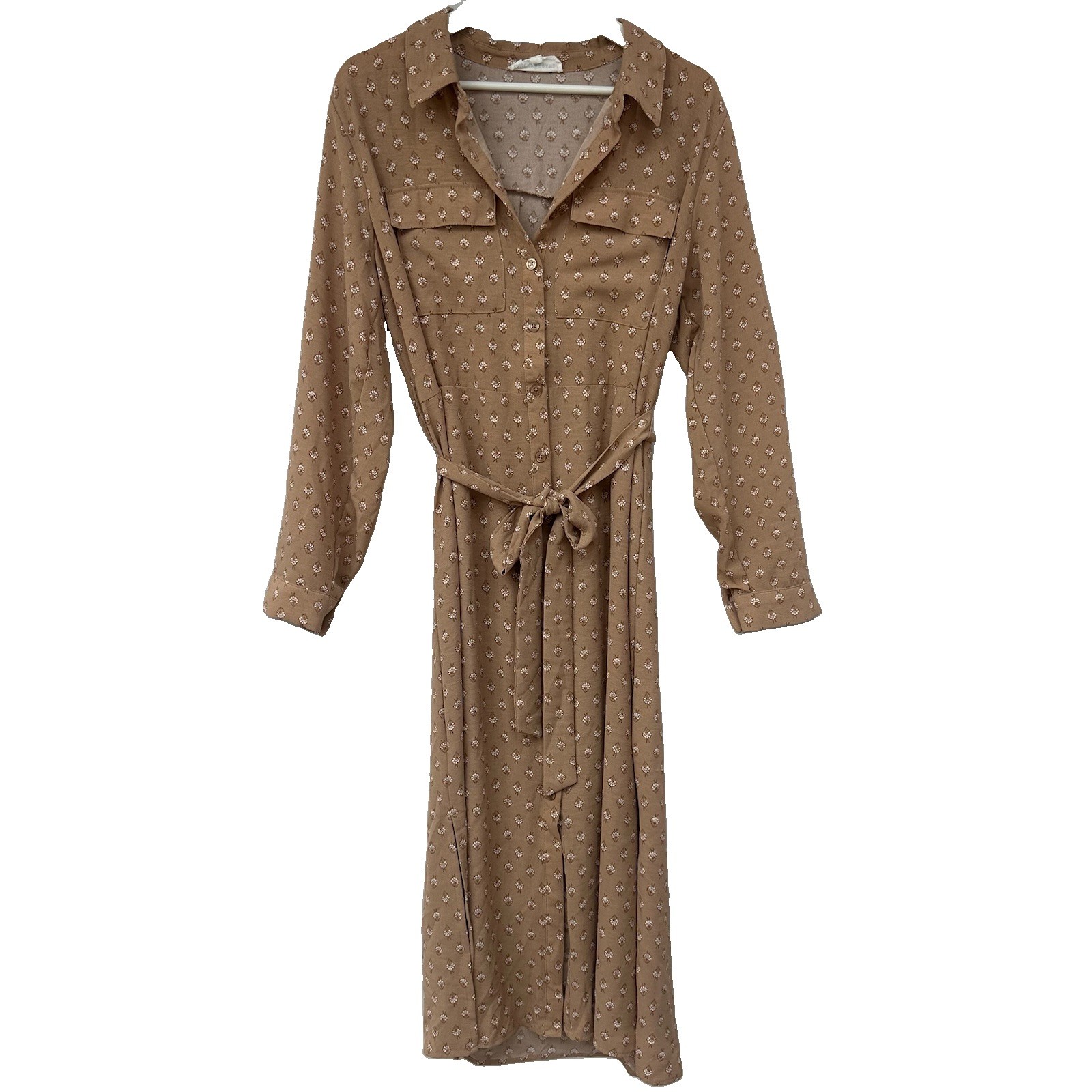 Lucky Brand Woman’s XL Commuter Long Sleeve Midi Tan Floral Shirtdress Belted