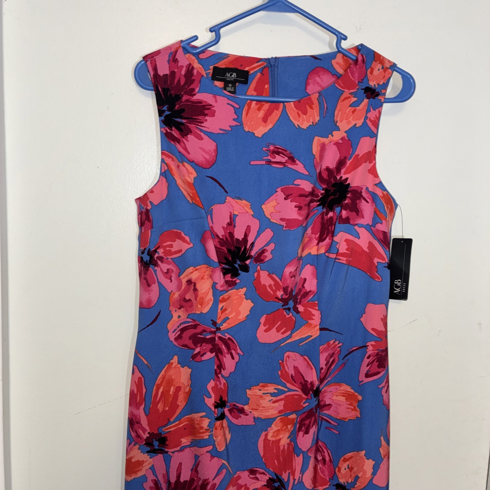 AGB Sheath Dress Women’s 10 Blue Pink Floral Sleeveless Tropical Zipper NWT