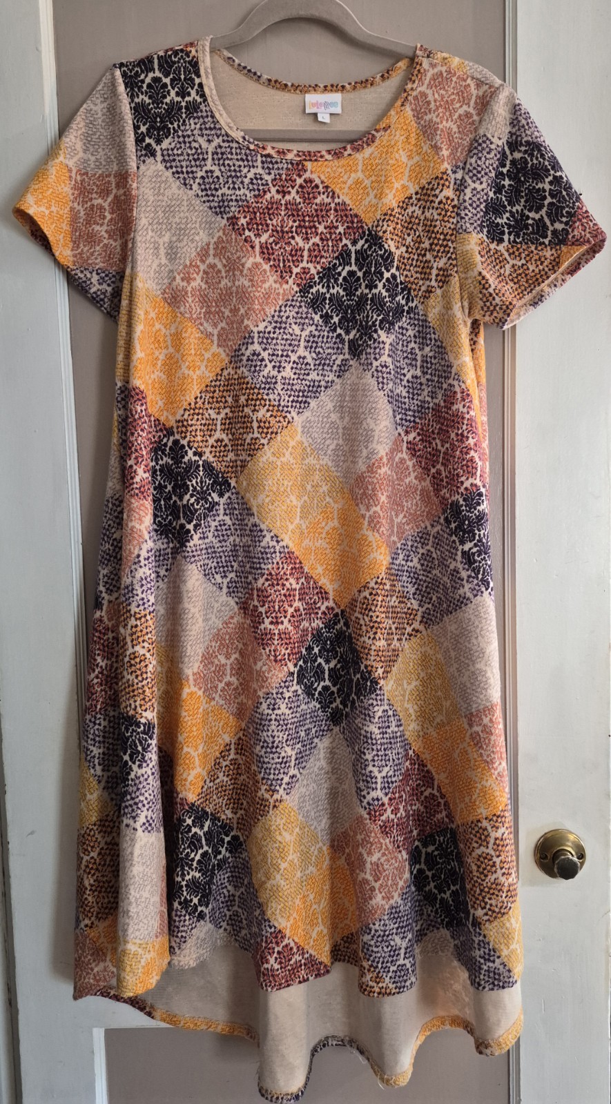 LulaRoe Carly, Large, Tan Base W/Purple, Yellow & Orange Checkerboard Blocks
