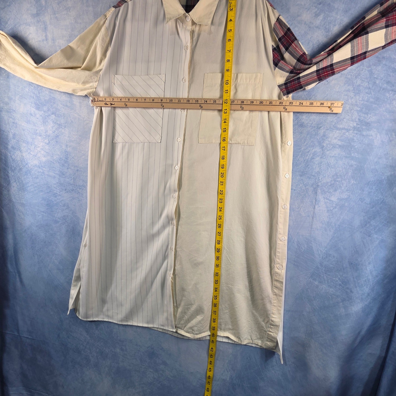 Hobak Womens Patchwork Plaid Pinstripe Oversized Button Front Shirt Dress Cream