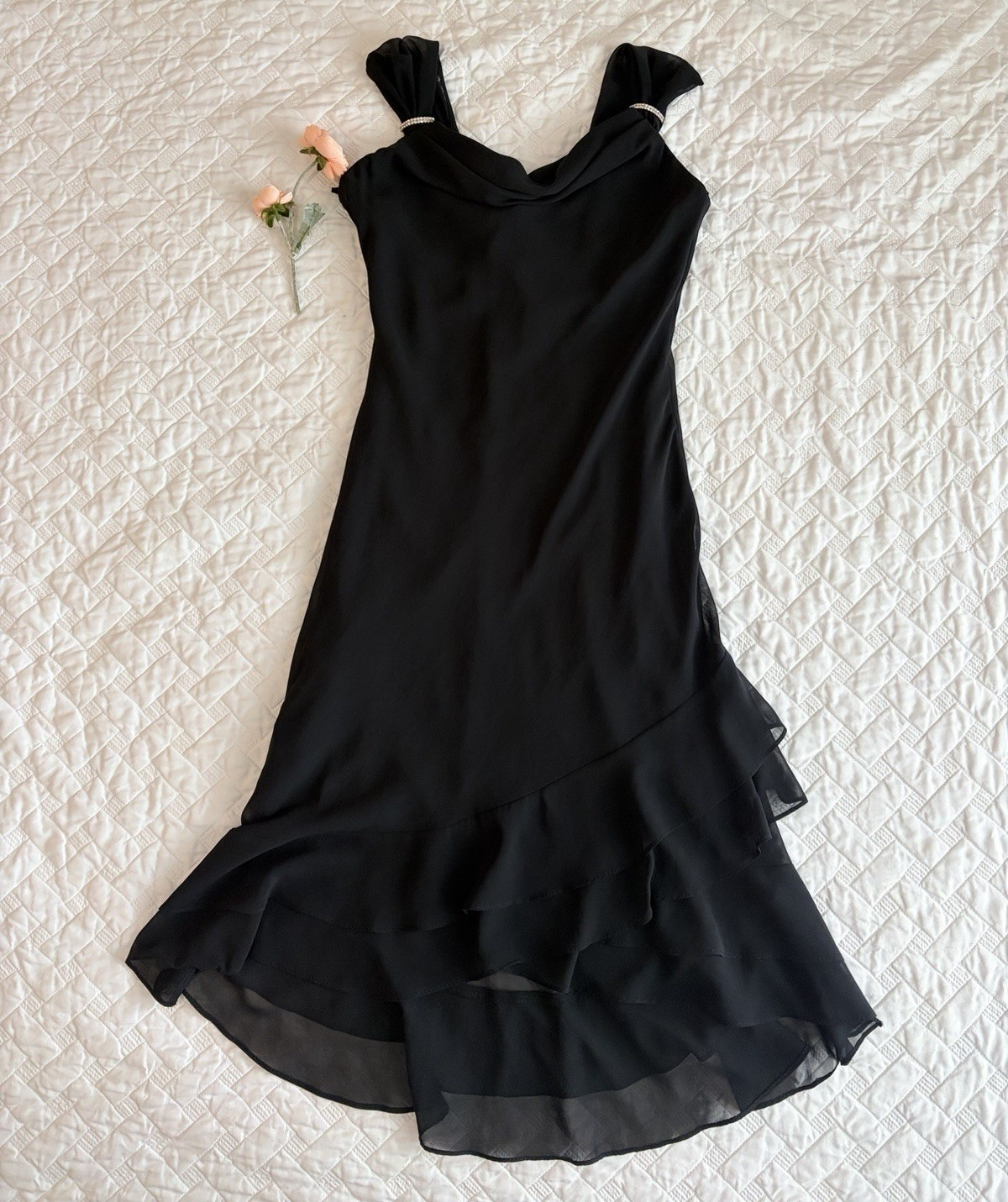 Eureka Black Cowl Neck Ruffle Hem Dress Rhinestone Clips Size Medium Made USA