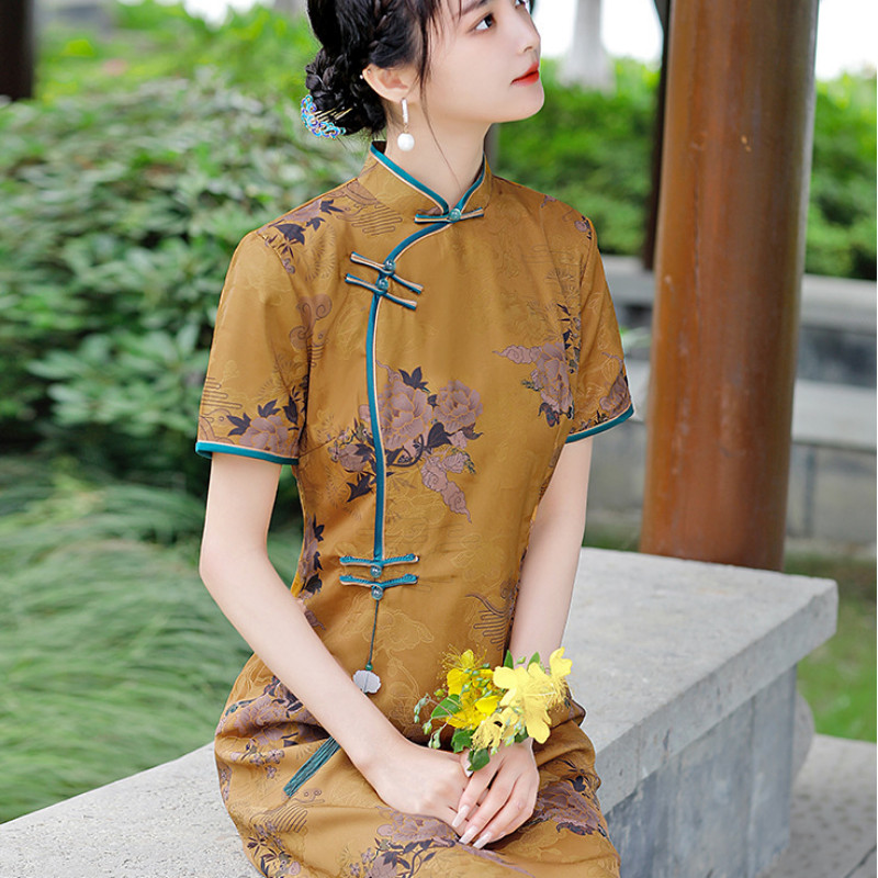 Lady Cheongsam Qipao Dress Knee Length Jacquard Floral Tassel Frog Button Ethnic