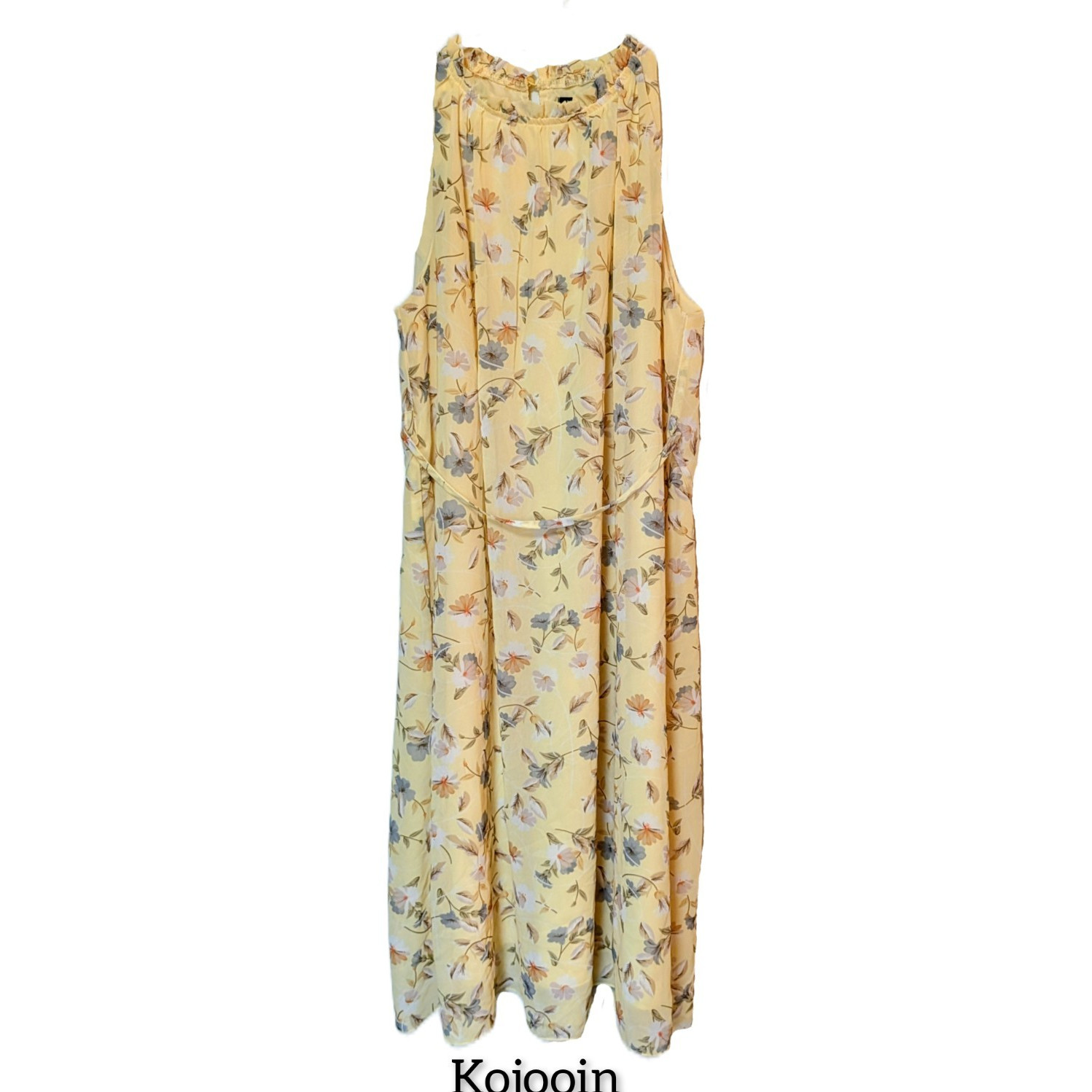 Kojooin Floral Dress High Neck Sleeveless Smocked Ruffle Knee Yellow Size S