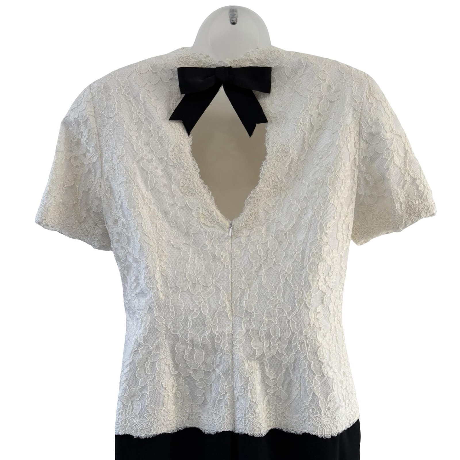 Vintage Bill Blass Evening Dress Womens 10 White Lace Black Bow Open Back 90s