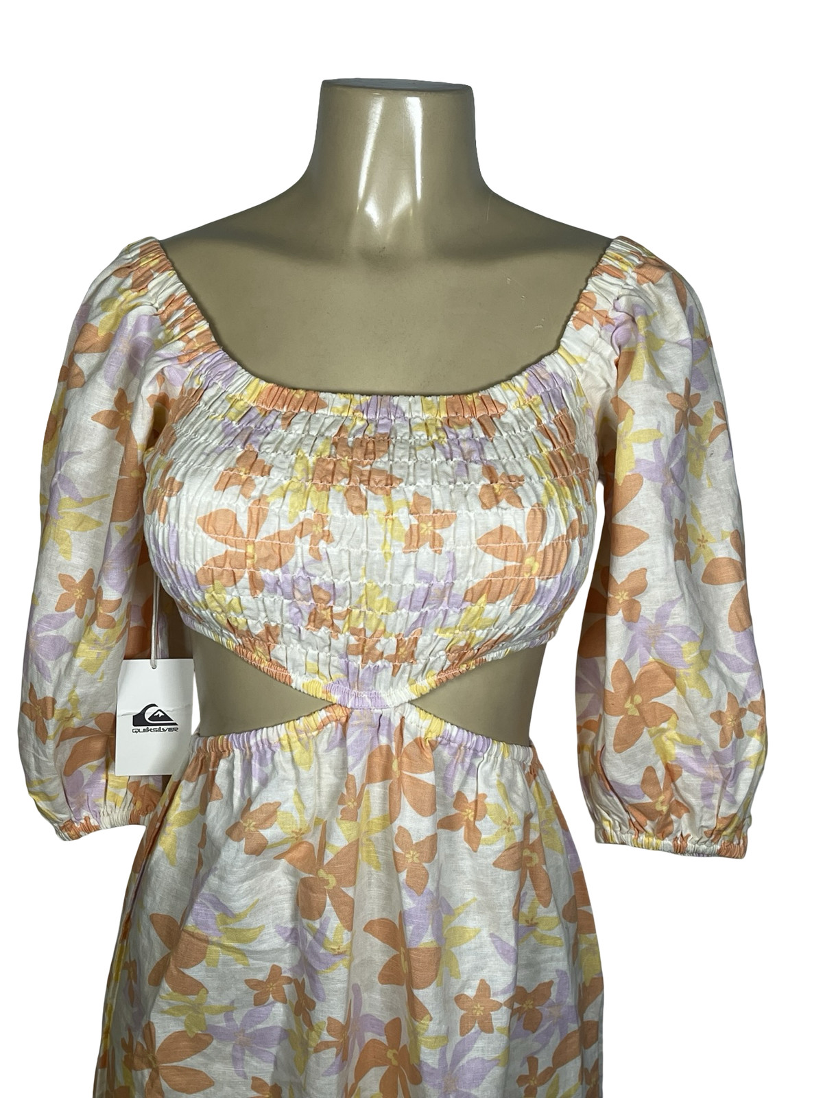 Quiksilver Kara Floral Cut Out Dress Womens Small Off White Puff Sleeve Linen
