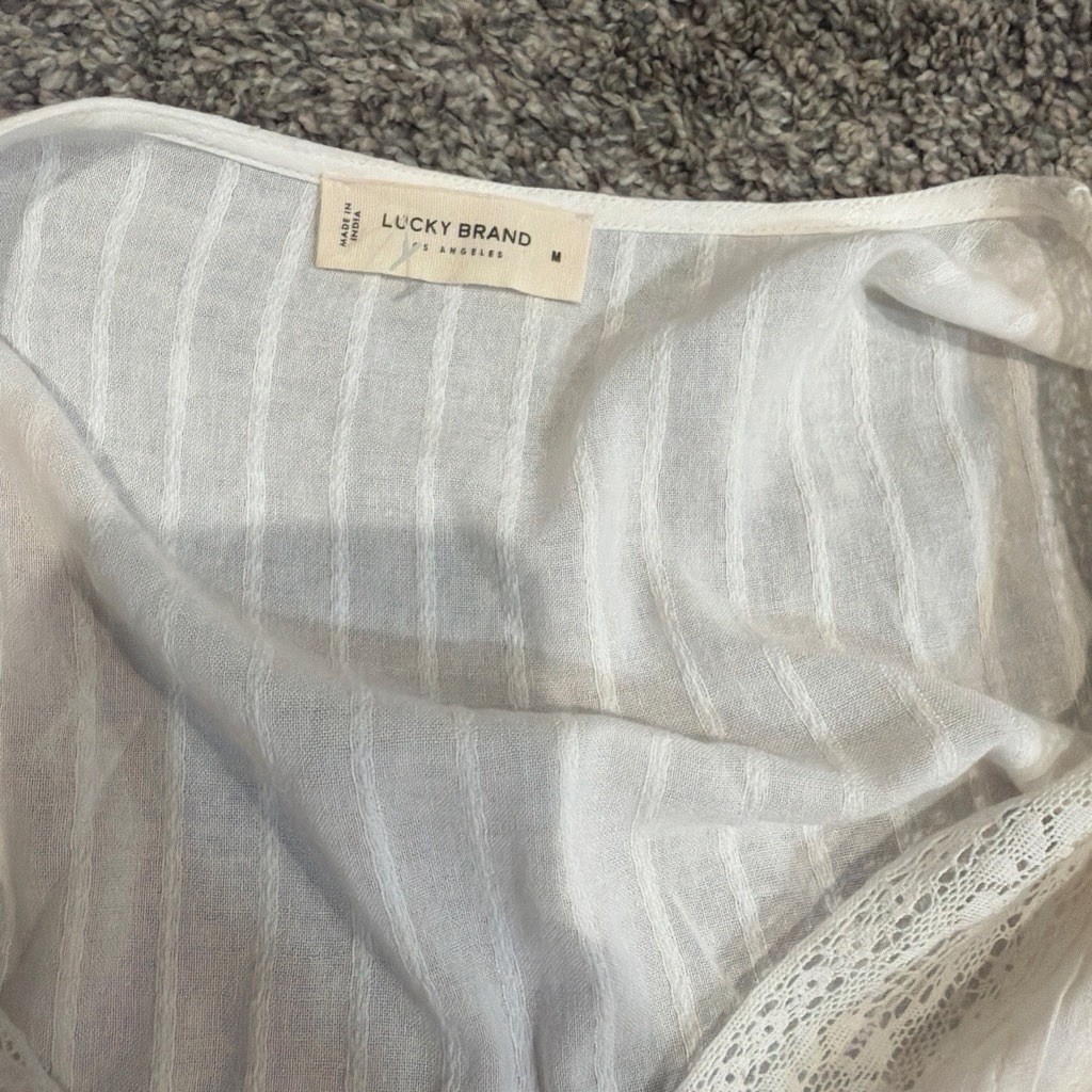 Lucky Brand Women’s M White Striped Woven A-Line V-Neck Lace Trim Dress