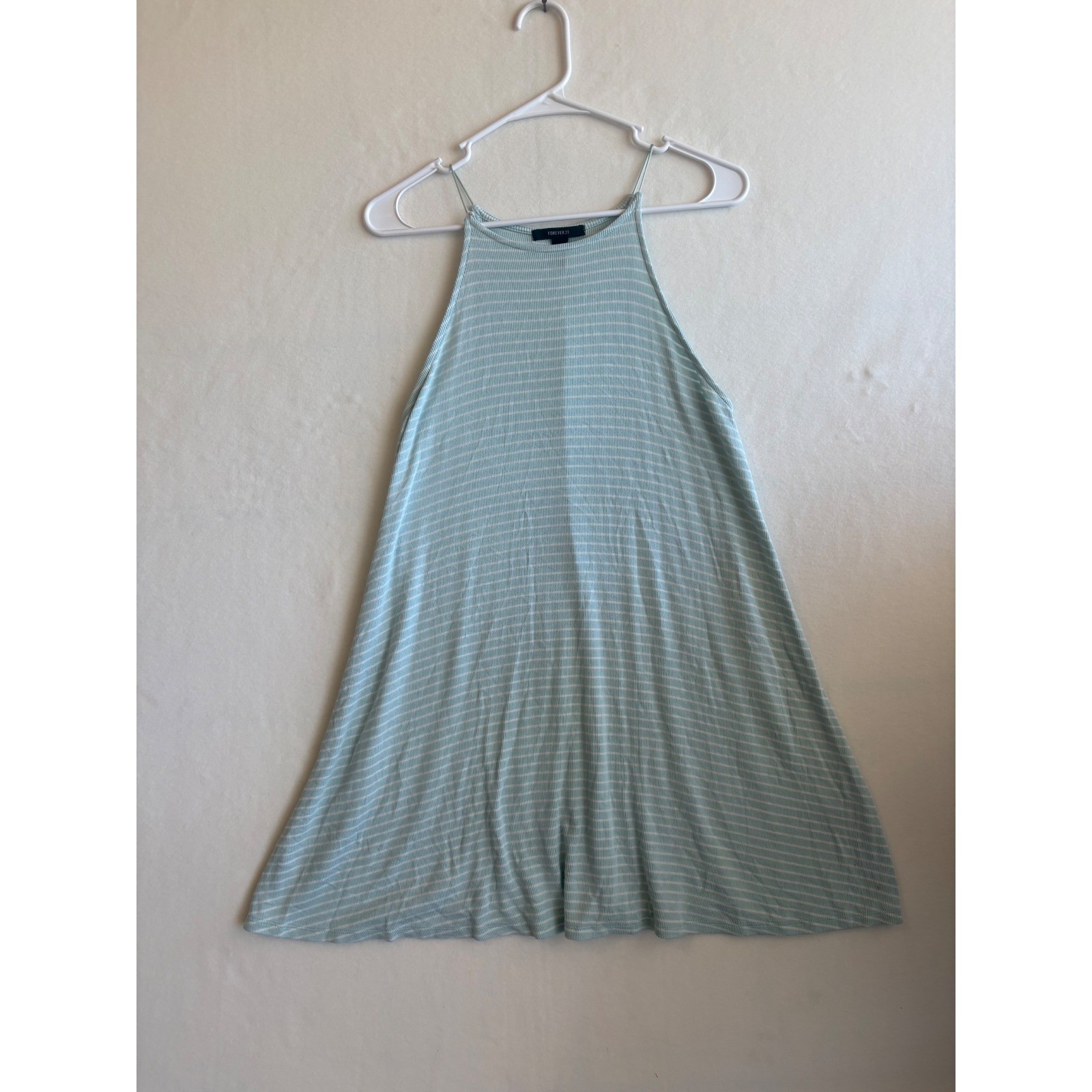 Forever 21 Womens Ribbed Knit Striped Trapeze Dress Sage Green White Medium