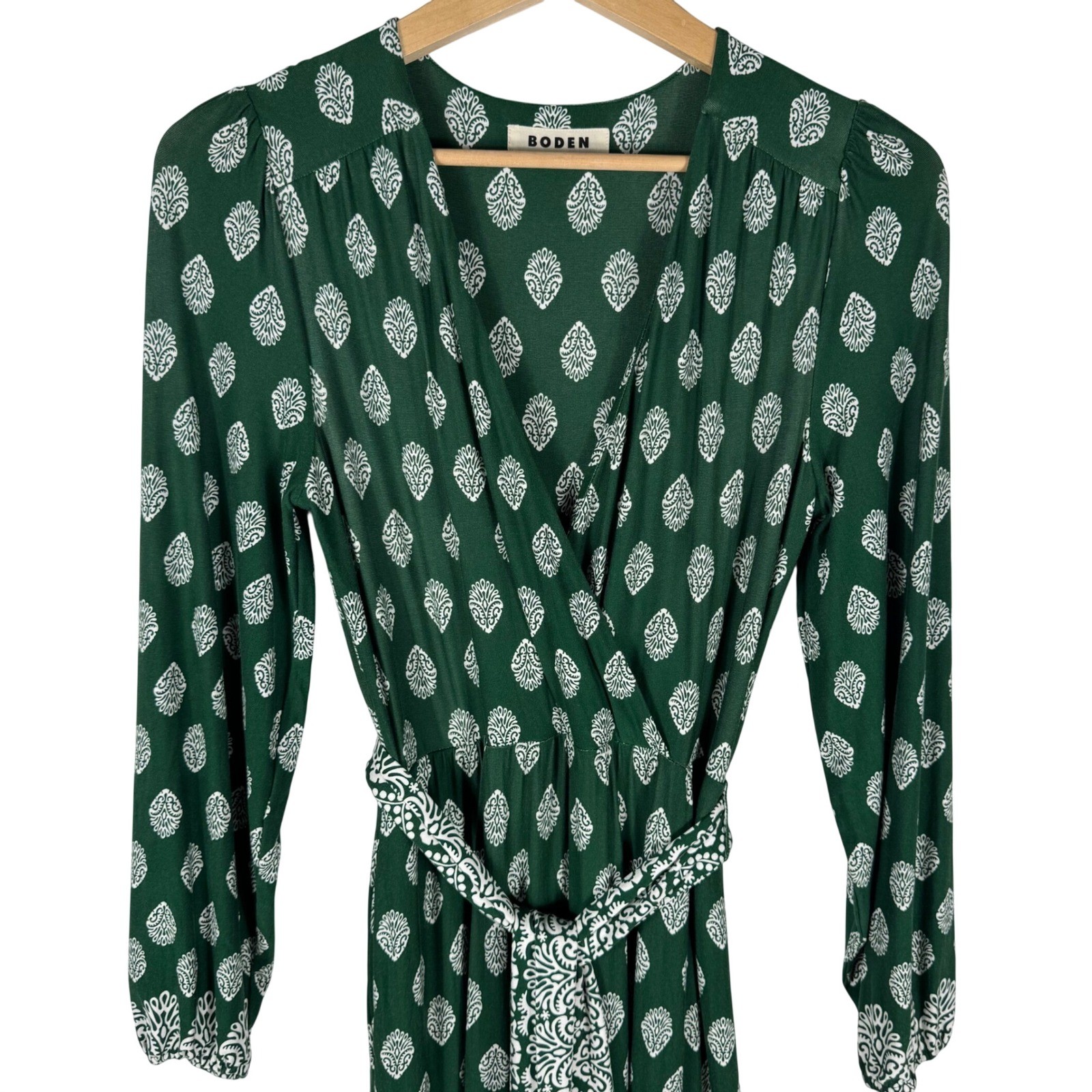Boden Ophelia Wrap Dress Womens 8 Green White Jersey Block Print Tiered Maxi