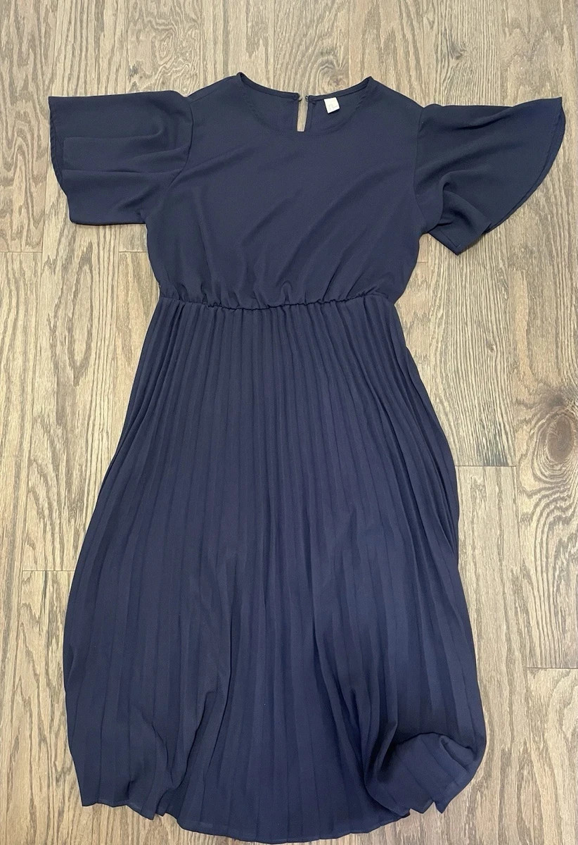 Women’s Blue Solid Pleated A-Line Midi Dress Flutter Short Sleeve XL