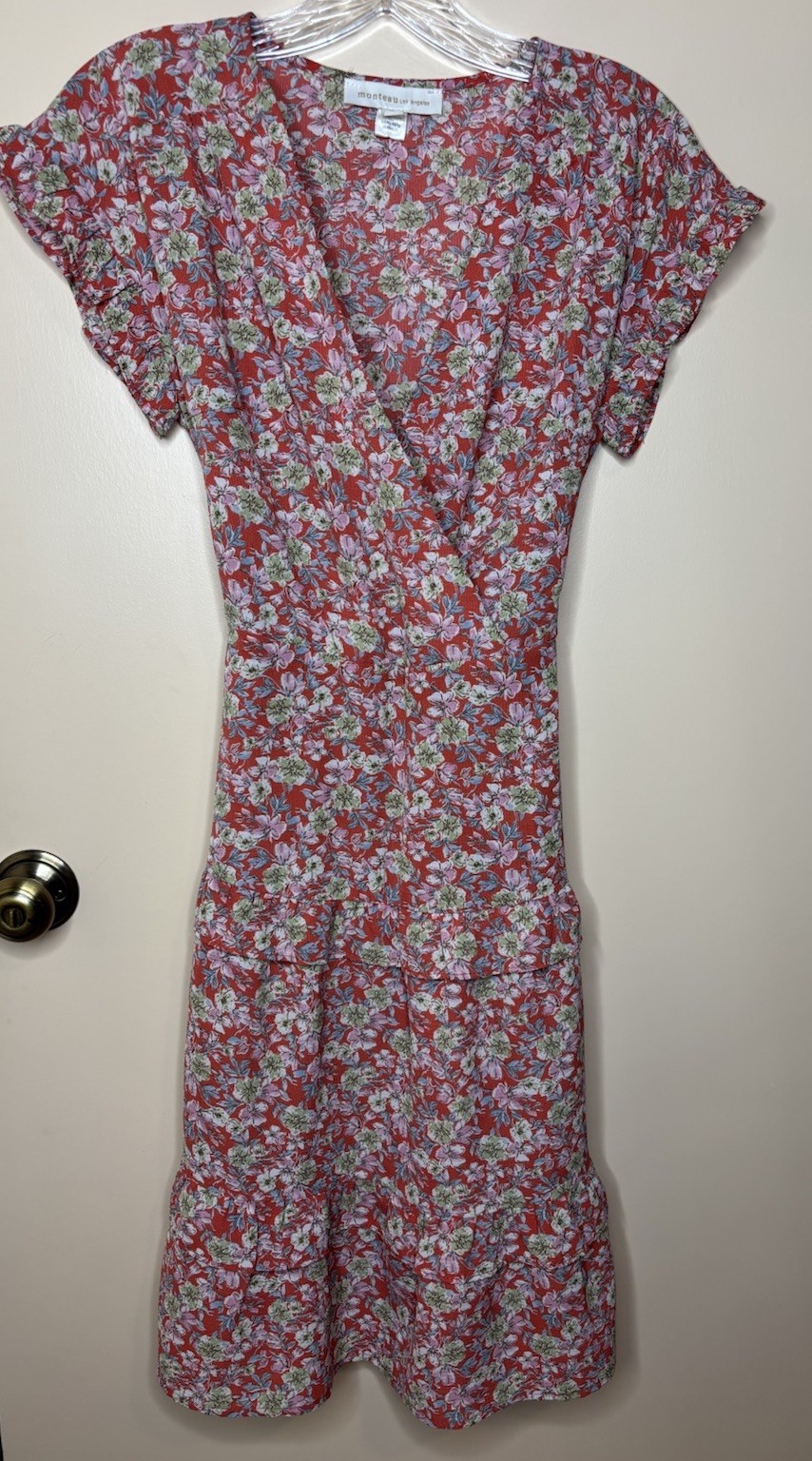 Floral Tiered Short Sleeve Midi Dress Cottagecore Coquette Red Multicolor Size S