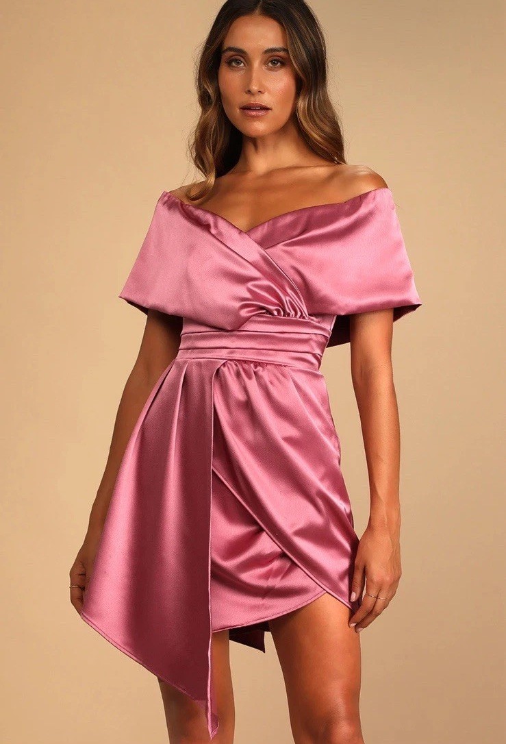 Lulus Women’s Satin Off-the-Shoulder Asymmetrical Pink Mini Dress. Size: Small