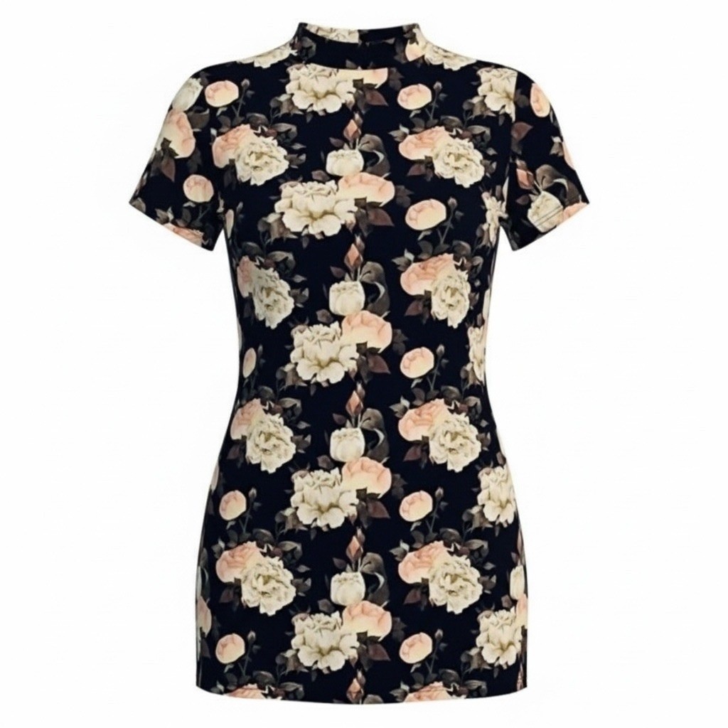 DICE SOFT BLACK FLORAL ROSE PRINTED MINI SHIRT DRESS MOCK NECK KEYHOLE SIZE XL