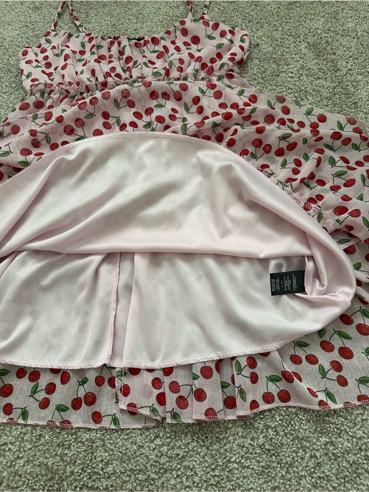Trixxi Pink Cherry Print Tiered Babydoll Dress – Size M