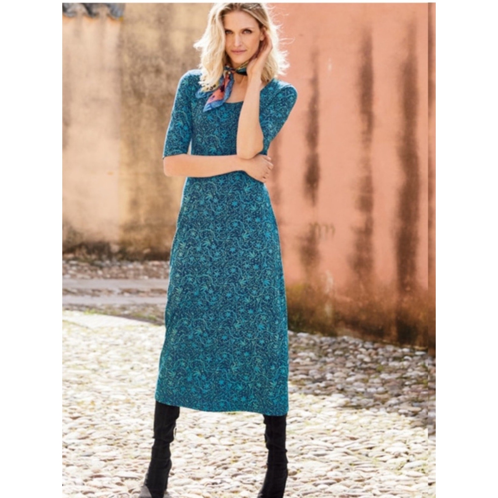 Peruvian Connection Byzantine Cotton Jersey Scoop Neck Midi Dress Small Floral