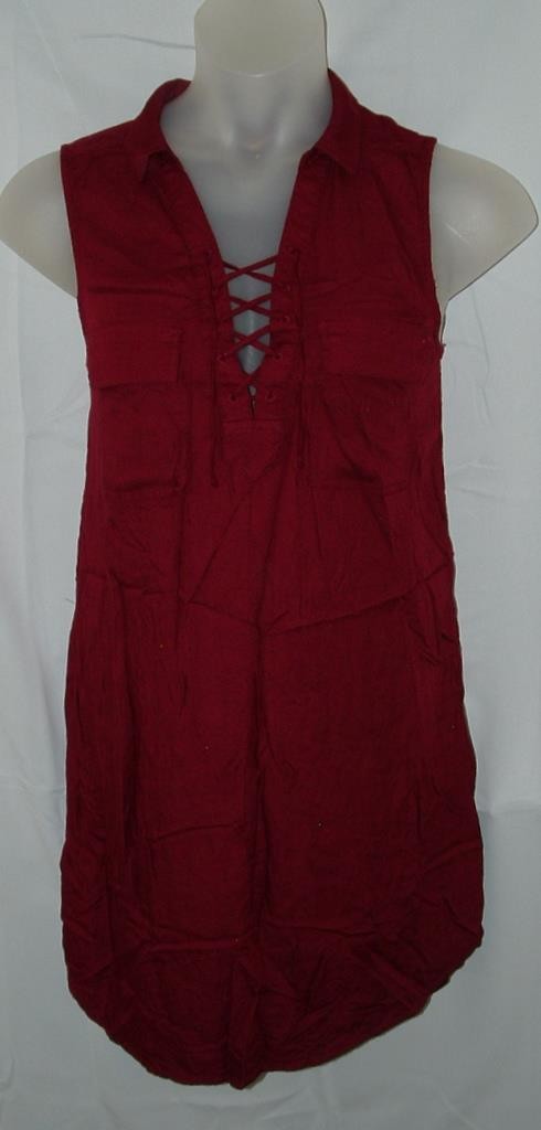 Burgundy Sz Large Sleeveless Soft Comfy Knee Length Rounded Hem Shirt Dress SO