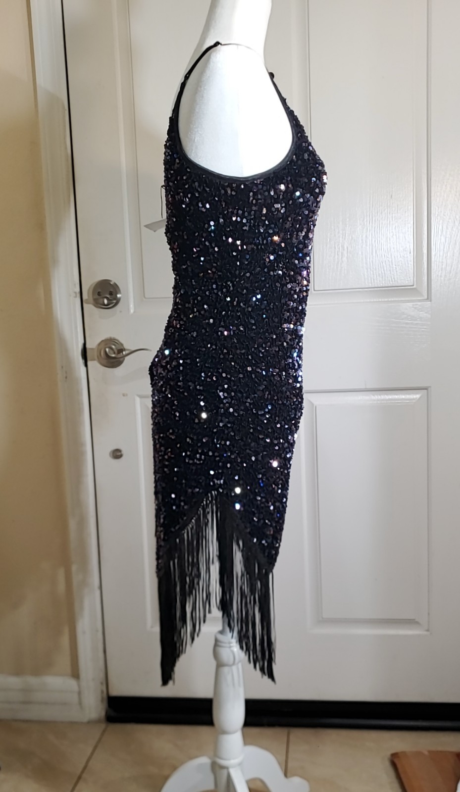 SIZE-S, ROARING 20s FLAPPER, BLACK SEQUINS DRESS. DESIGNER PIXEMAIN