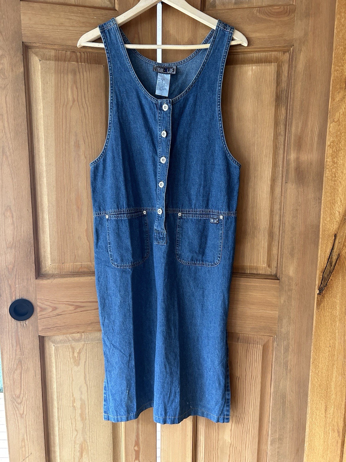 Vintage True Blue Denim Pinafore Dress Medium Blue Wash Button Front Midi