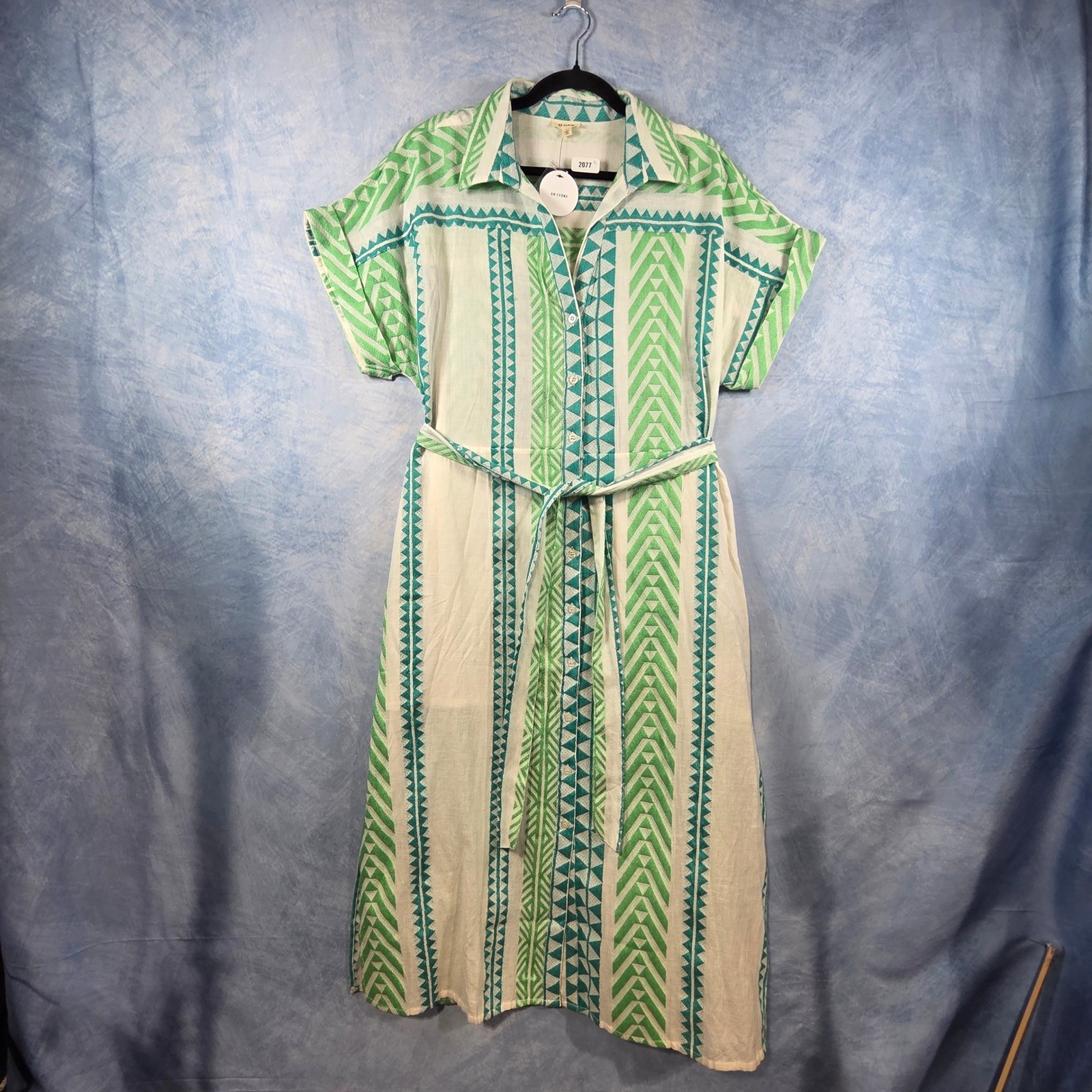 En Creme Green Geometric Aztec Print Midi Shirt Dress Belted NWT Size L