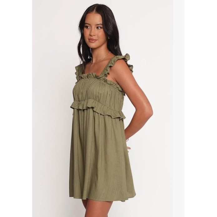Petal & Pup Orion Frill Strap Mini Dress Womens Size L Olive Green Ruffle