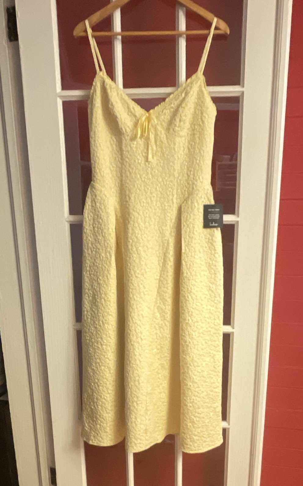Lulus Ninetta Yellow Jacquard V-Neck Lace-Up Back Midi Dress Spaghetti Strap M