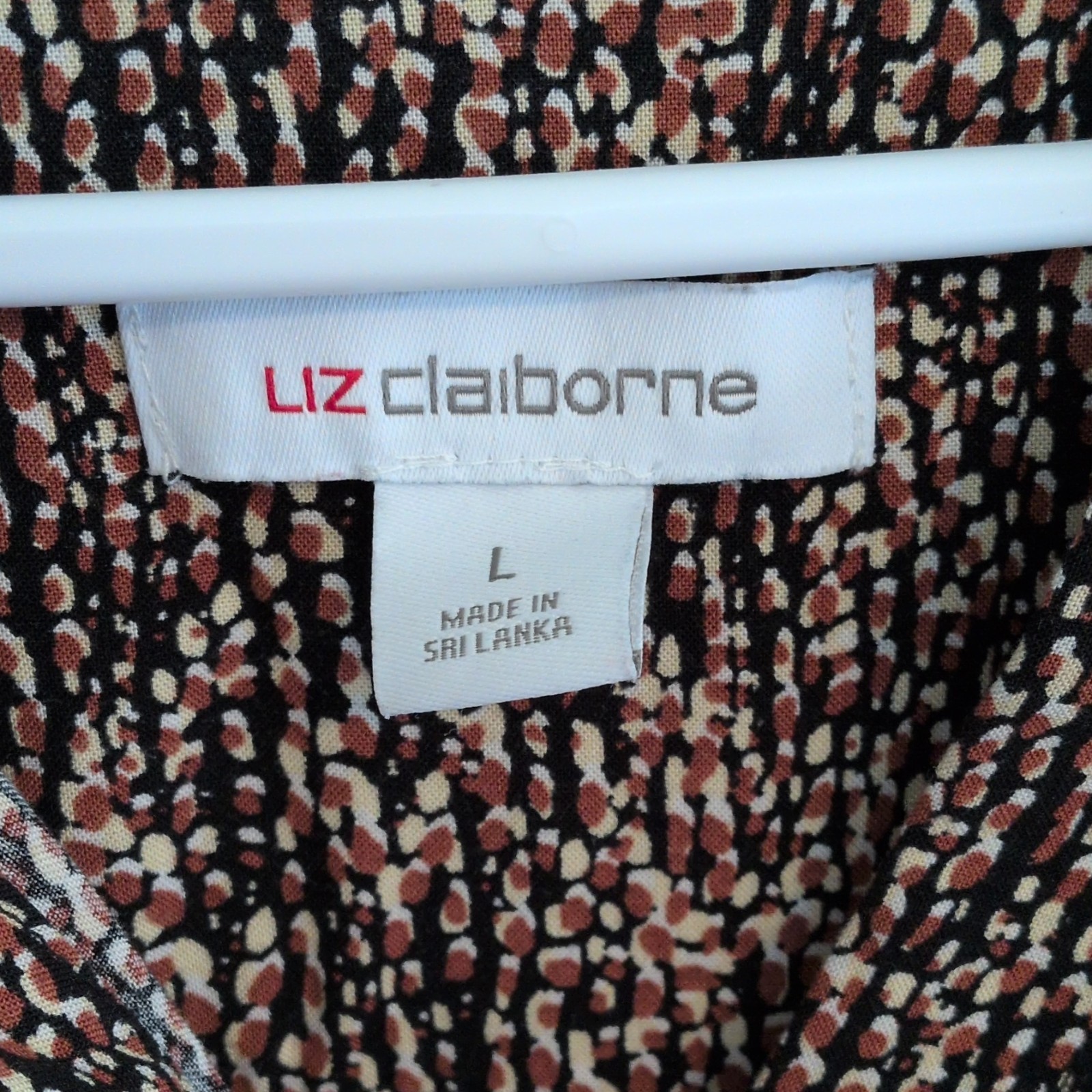 Liz Claiborne Black Brown White Abstract Sheath Cinch V-Neck Cap Sleeve Summer L