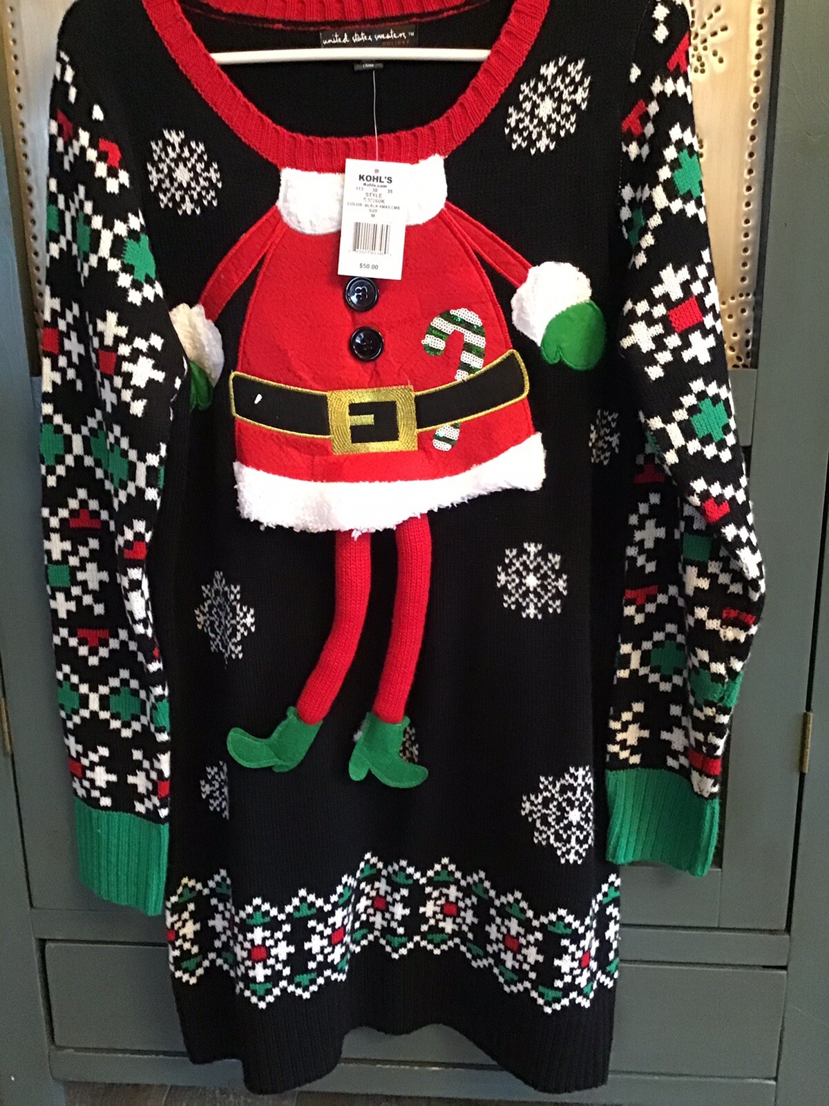 United States Sweaters Santa Sweater Dress Tunic Black Red Multi Sz Med NWT