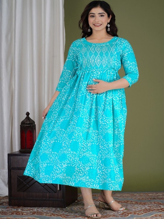 Handmade Floral Cotton Maternity Dress : Nursing Friendly Gown With Side Zipper