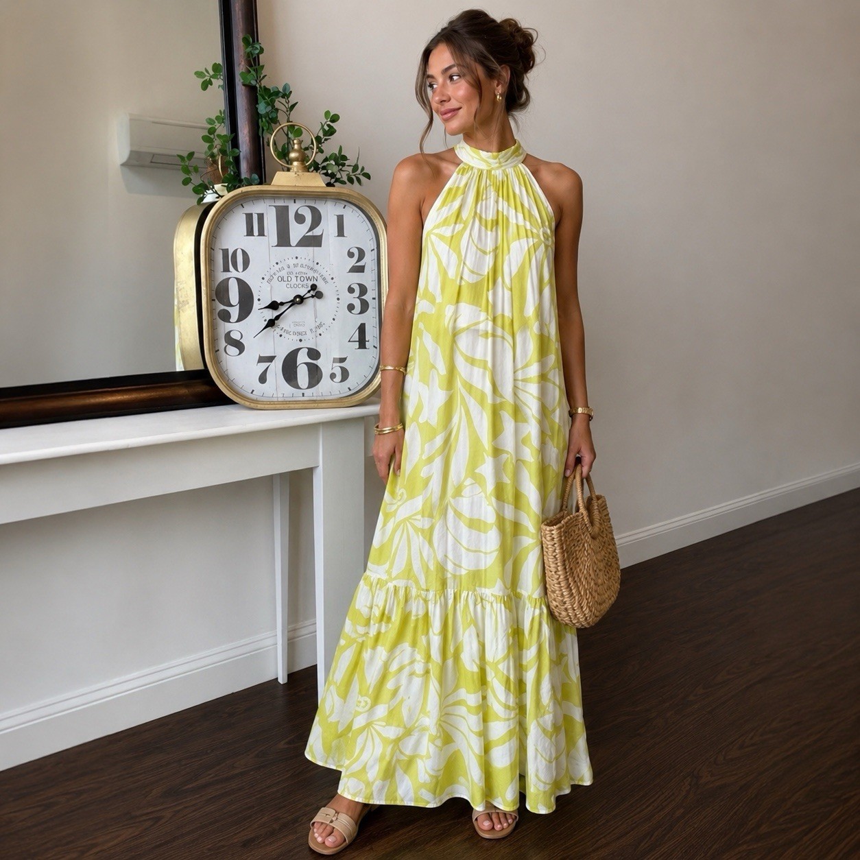 Cynthia Steffe Halter Maxi Dress Size L White, Lime Yellow Tropical Resort