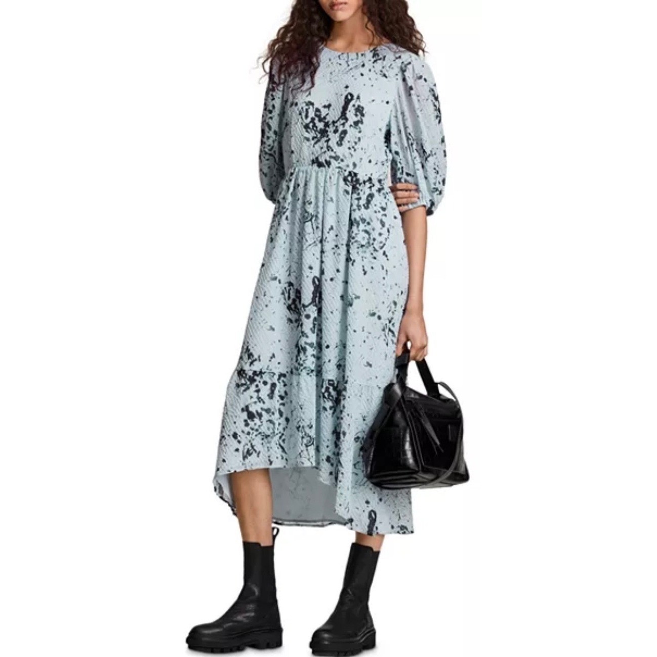 AllSaints Sadie Fortune Dress Light Blue Splatter Puff Sleeve Midi US 10 WD065V