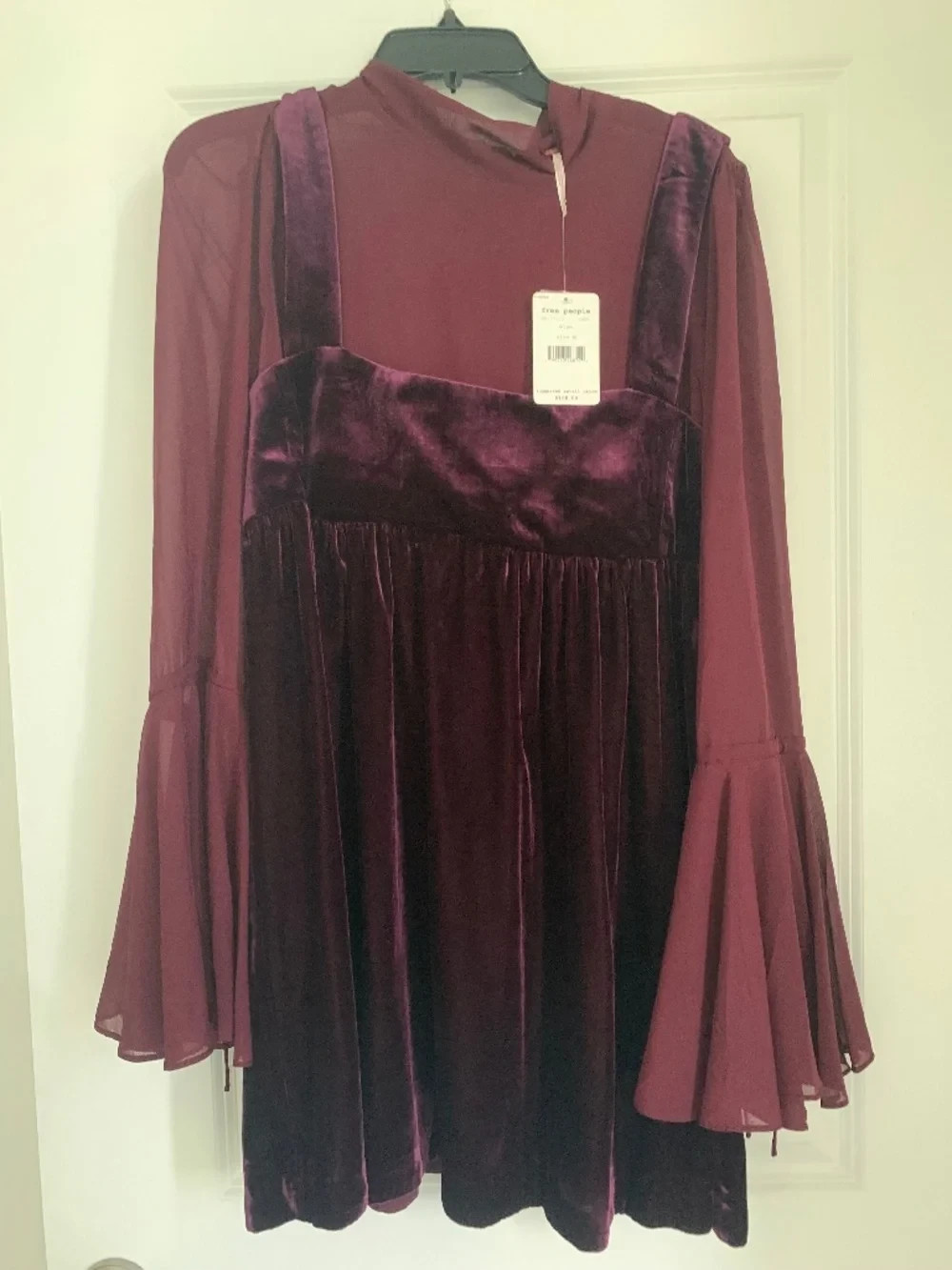 Free People Wine Velvet Chiffon Bell Sleeve Babydoll Mini Dress NWT M