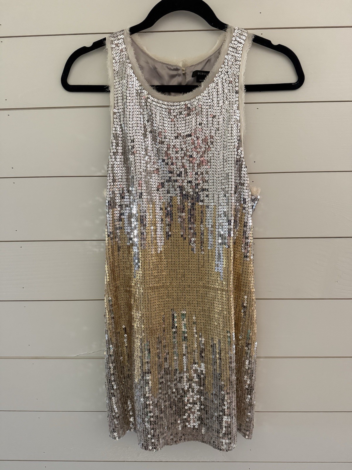 BCBGMAXAZRIA Silver/Gold Colorblock Sequin Mini Dress Sleeveless Lined Zip 6