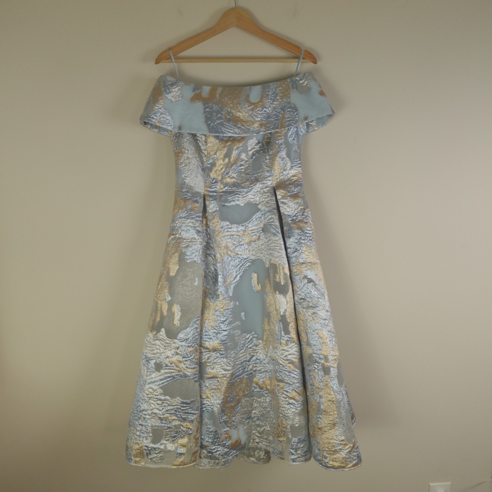 John Paul Ataker Dress Womens 40 6 US Blue Fil Coupe Jacquard Midi Off Shoulder