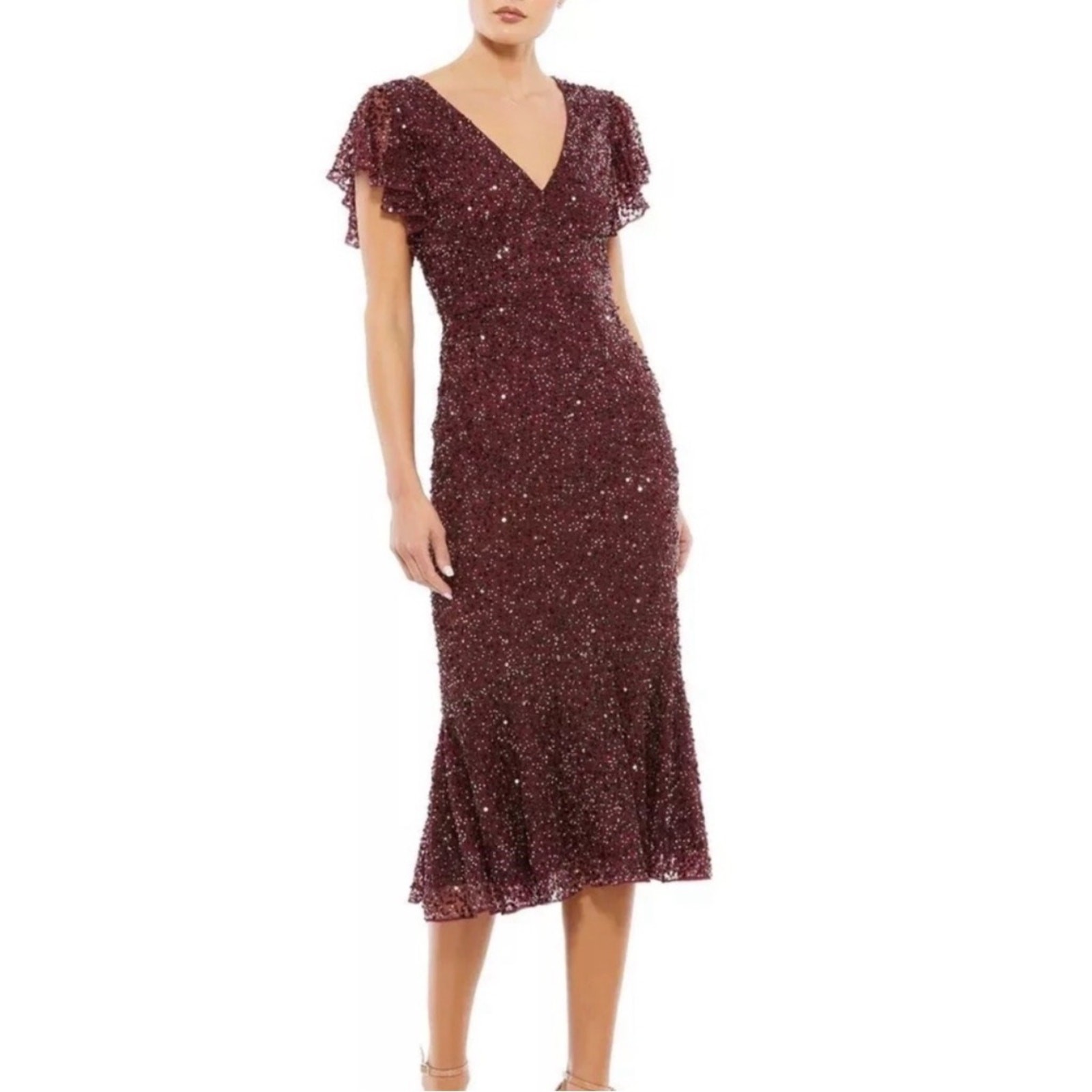 Mac Duggal 10801 Garnet Sequin Flutter Sleeve Midi Dress, NEW, Size 2 MSRP $398