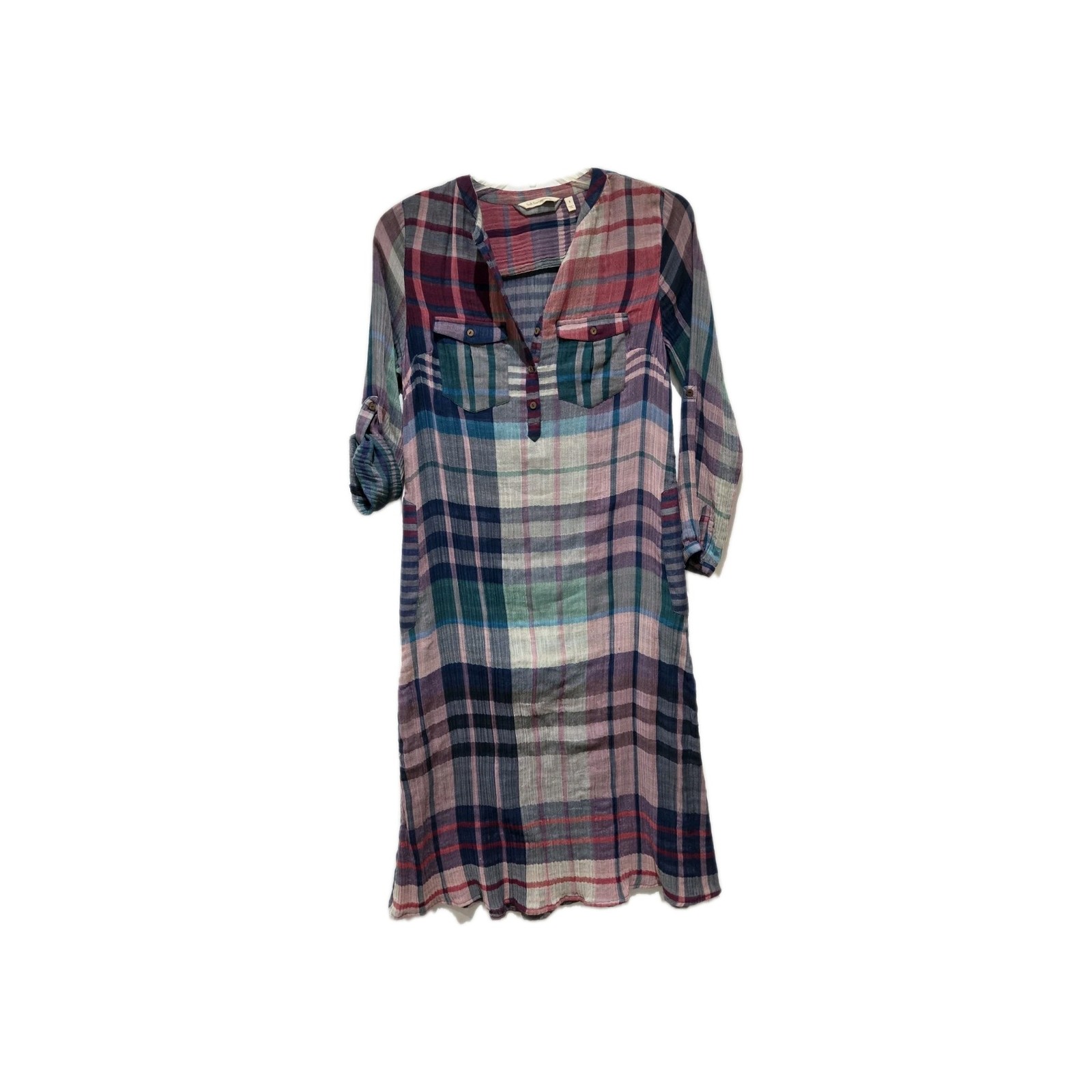 Soft Surroundings Thin Gauze Cotton Plaid Maxi Dress Popover Small Multicolor