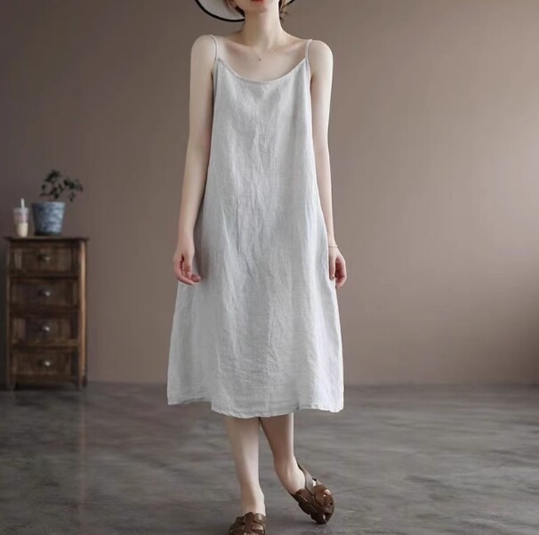 Cotton Line Blend Crweneck Women Loose Plain A Line Sleevless Summer Dress