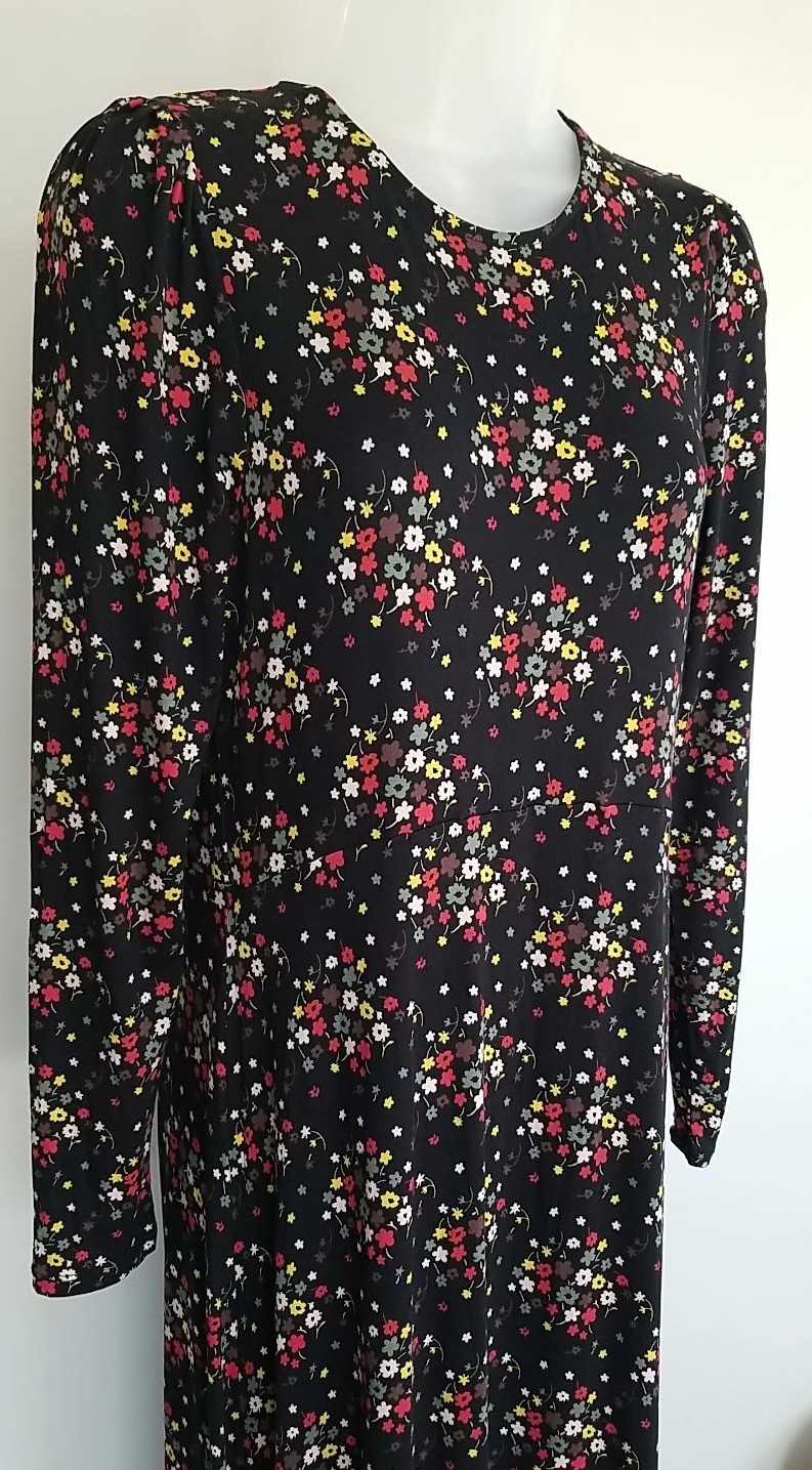 Boden Crew Neck Jersey Midi Dress US 6L 6 Black Floral Clusters Red Green Yellow