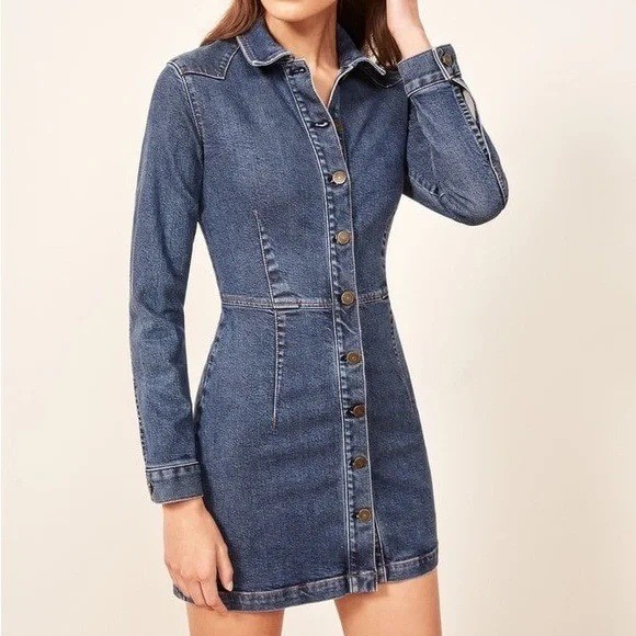 Reformation Dress Womens 2 Arizona Severn Medium Wash Denim Western Mini Cowgirl