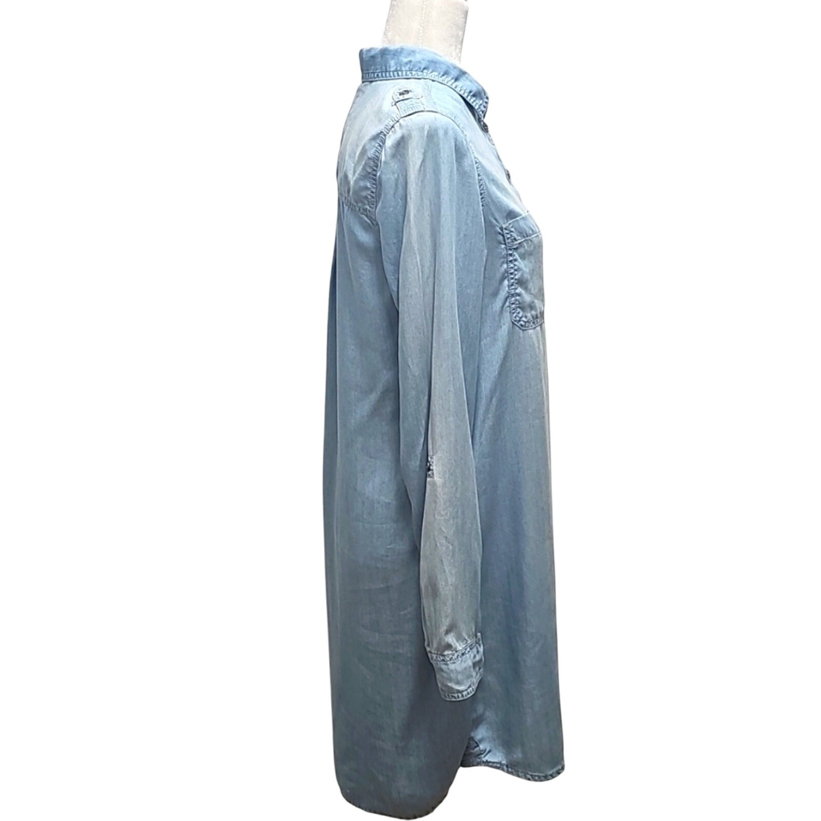 So Womens Long Sleeve 3/4 Button Lyocell Light Blue Denim Tunic Shirt Dress Sz M