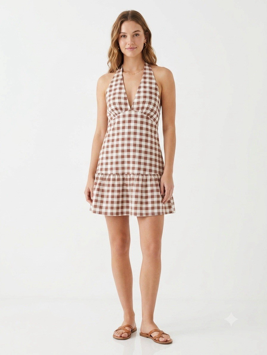 Free People Brown/White Gingham Halter Mini Sundress M Backless Ruffle Hem