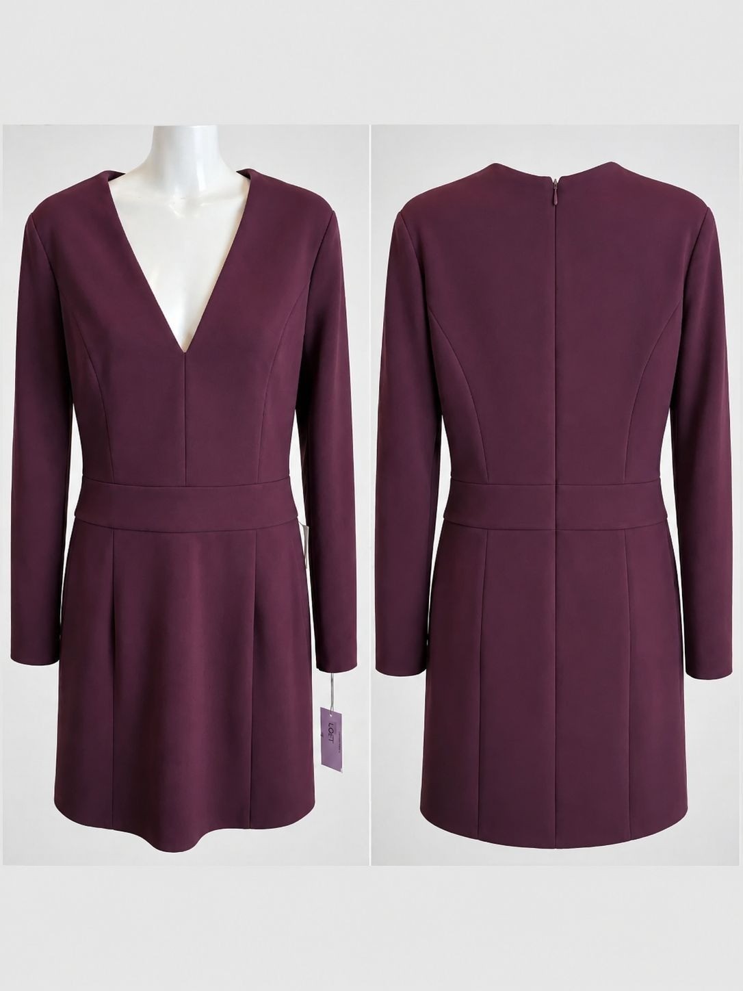 Donna Morgan Plum Purple V Neck Fit Flare Dress NWT Long Sleeve Sz 10 Elegant