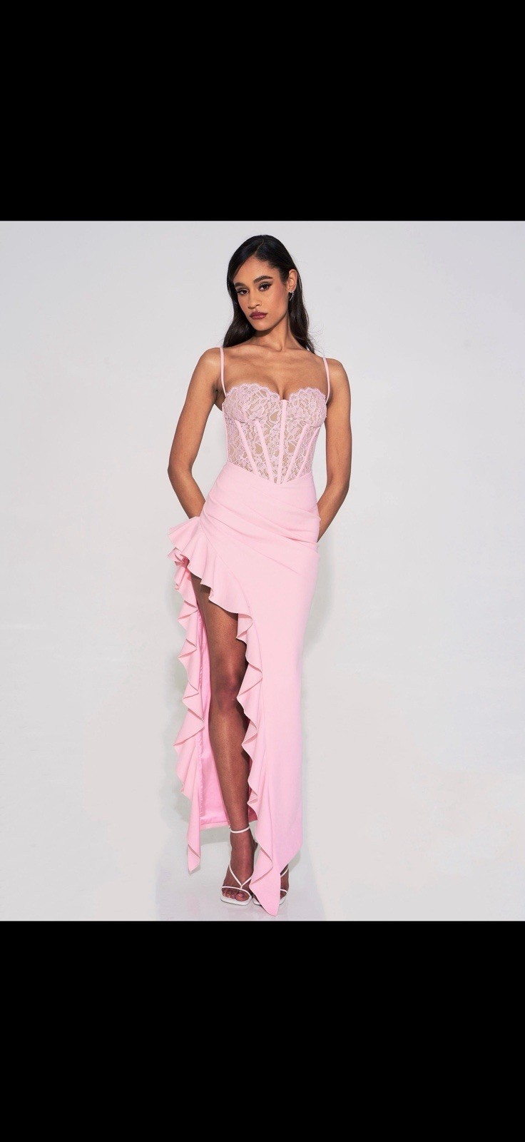 MISS CIRCLE Pink lace Corset Bodice Ruffle Side Slit Maxi Dress Sleeveless L