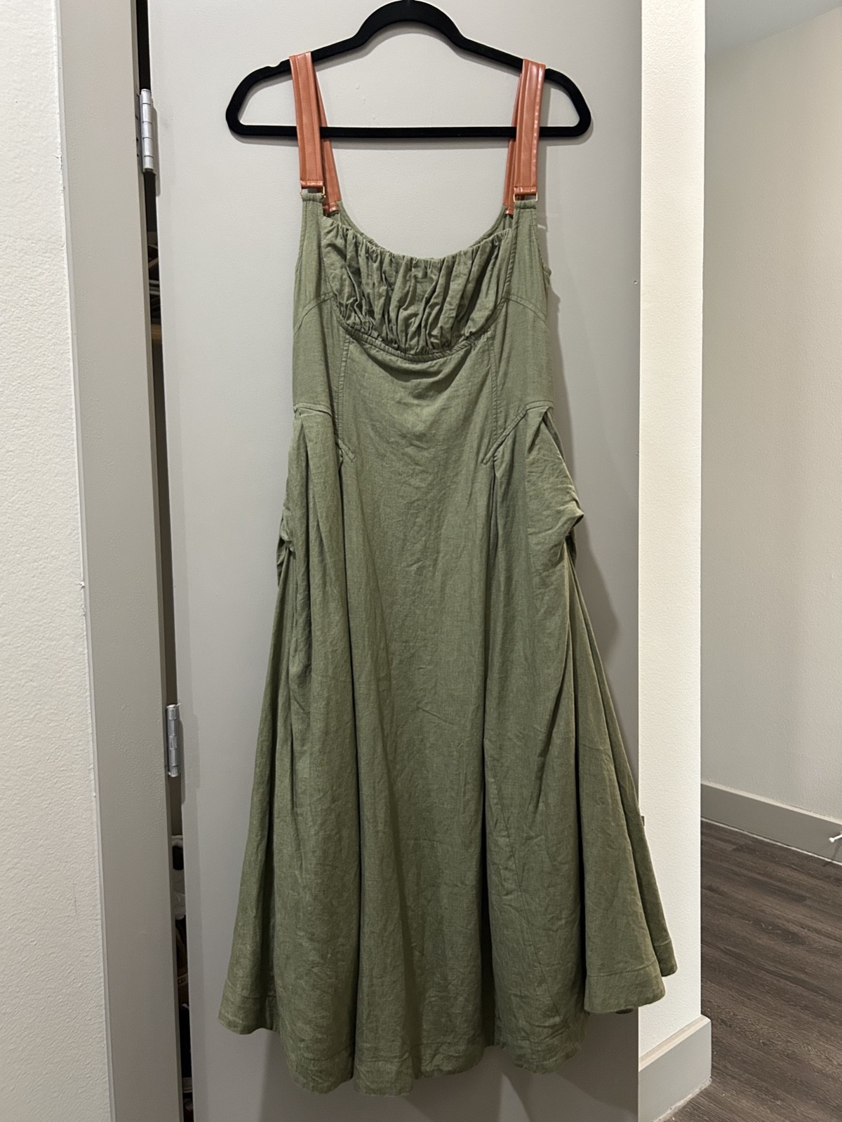 Anthropologie Utility Square Neck A-Line Midi Dress Green Linen Blend Medium