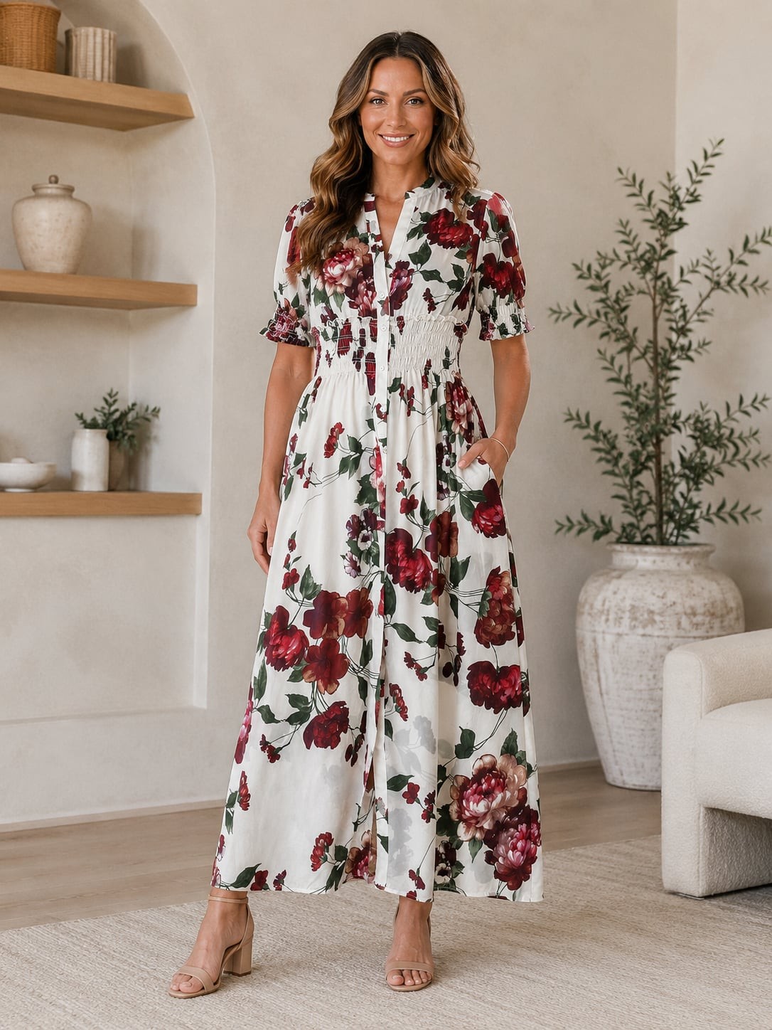 Kate and Lily Floral Print Button-Front Smocked Waist Maxi Dress