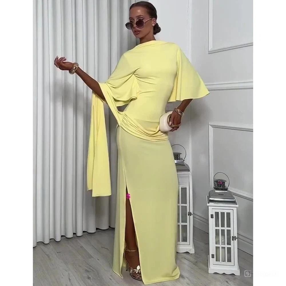 WOMAN BRIGHT YELLOW OPEN BACK CAPE MAXI DRESS SR 4661 UNBRANDED